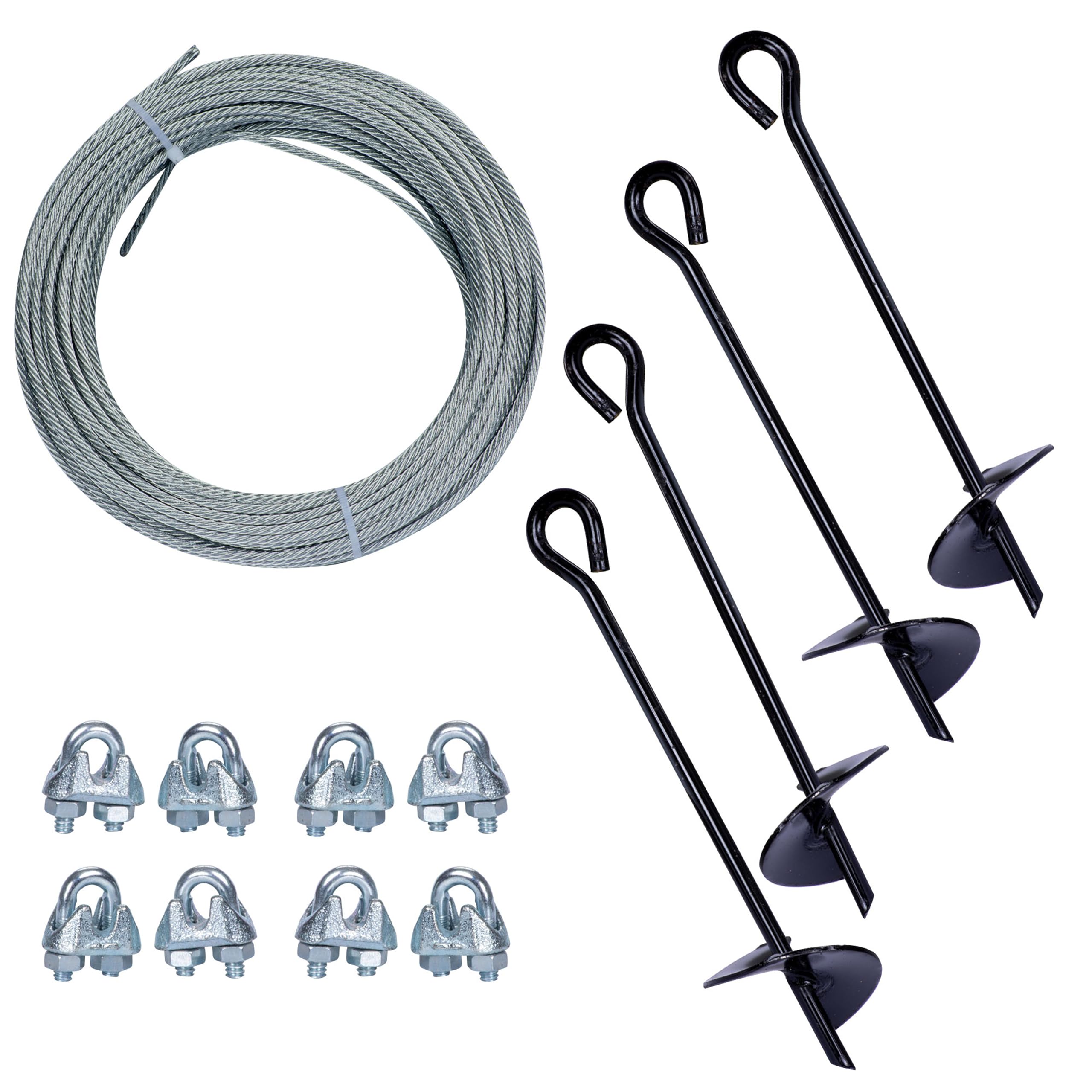 Galvanized Steel Tie Down Cable Kit - 100 Feet with 4 Anchors & 8 Clamps (Black) - Heavy Duty for Cargo Securing, Boat Mooring & Outdoor Use