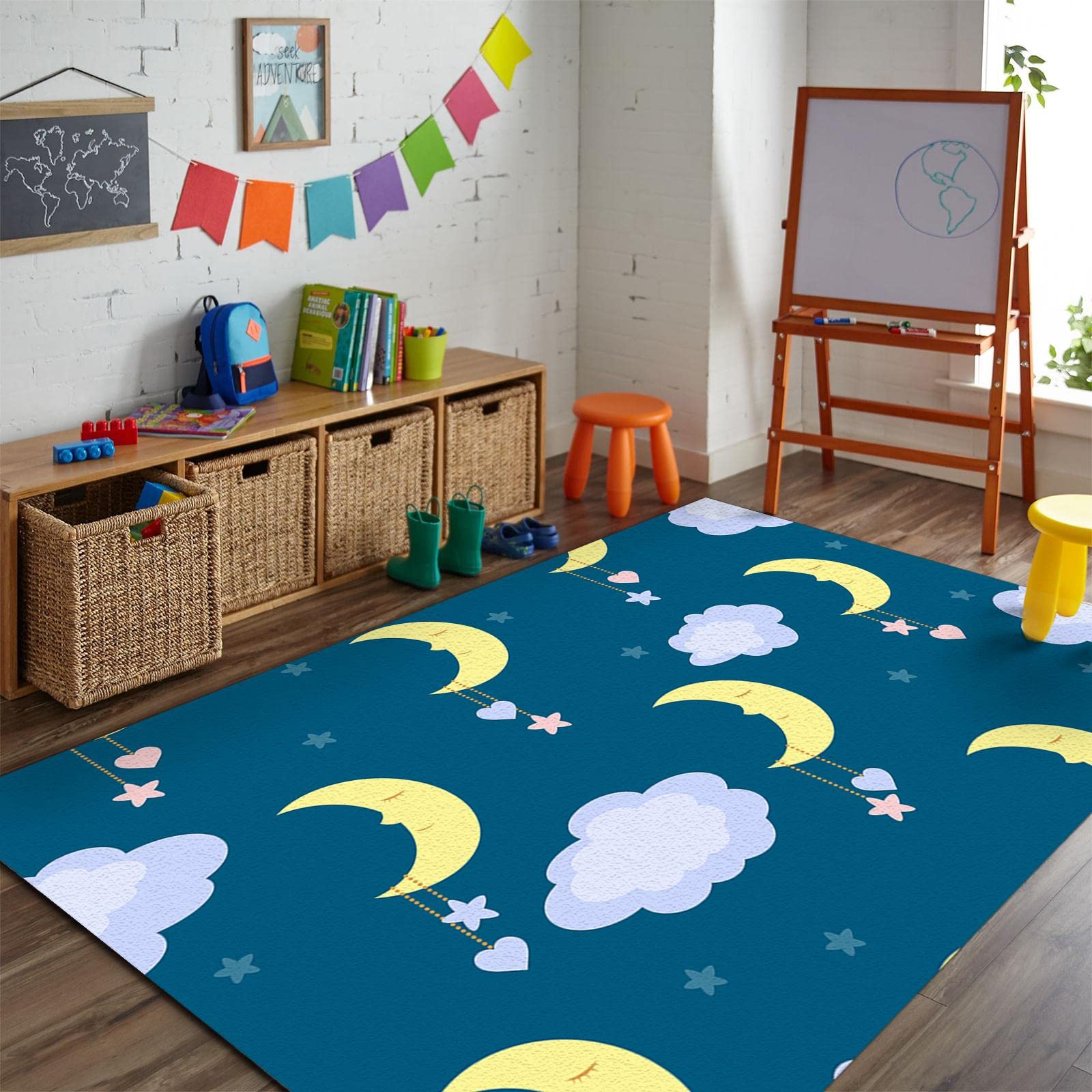 Starry Sky Cartoon Moon & Clouds Area Rug - Soft Washable Non-Slip Kids Carpet 5x7ft for Bedroom, Living Room, Nursery & Playroom - Cozy Floor Decor for Boys & Girls