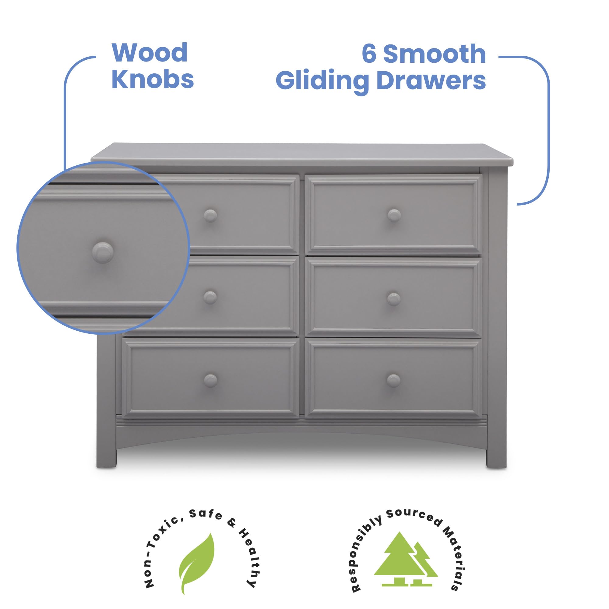 Delta Children Unisex 6-Drawer Double Dresser with Interlocking Drawers - Greenguard Gold Certified, Grey Nursery Dresser for Baby & Kids Bedroom Storage
