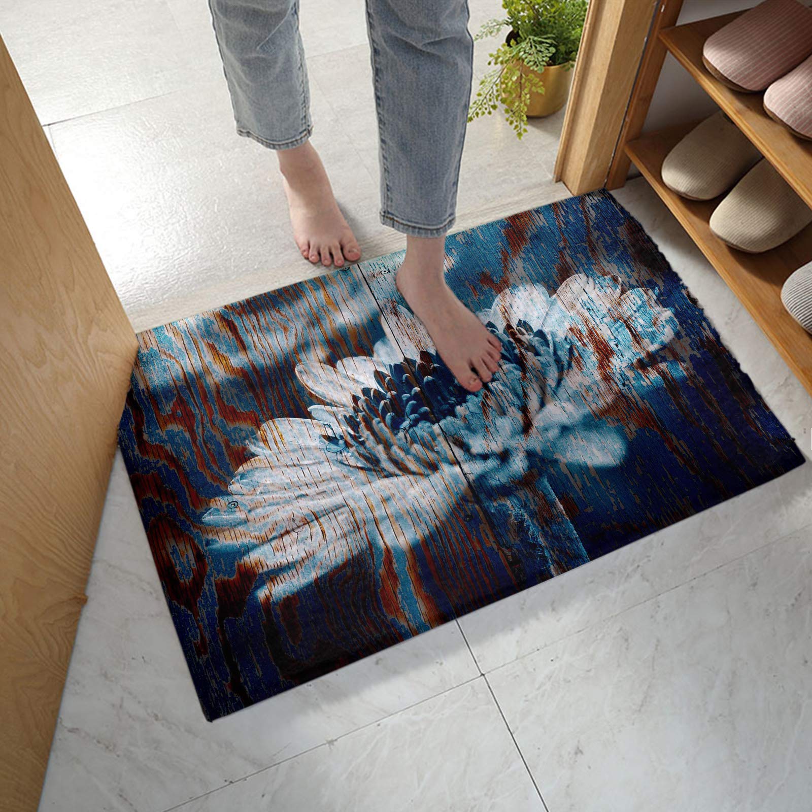 MuswannaA Summer White Daisy Flowers Bathroom Rug - Extra Absorbent Non-Slip Microfiber Shower Mat, Plush Thick Shaggy Floor Mat with Mottled Wooden Grain - Perfect for Bathroom, Shower, and Bedroom Decor