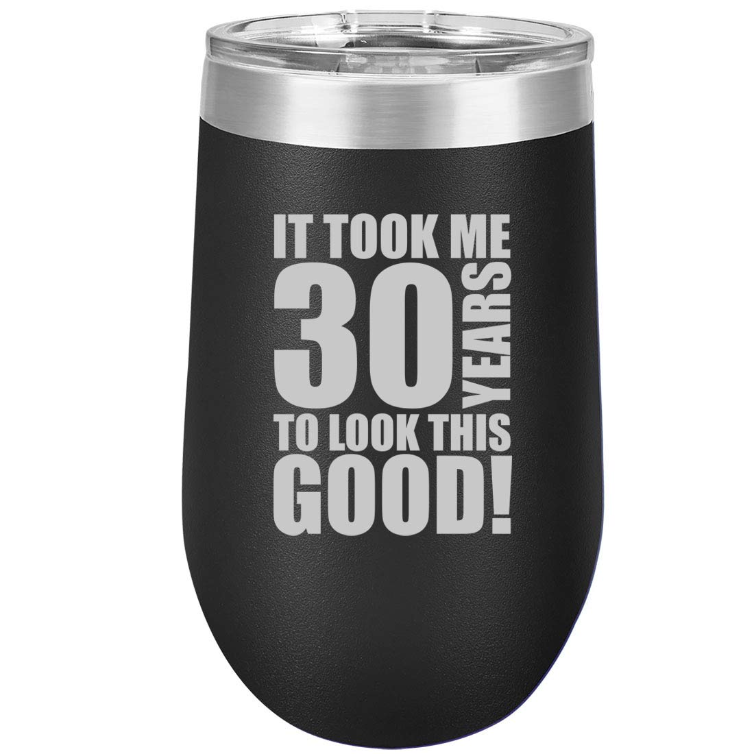 30th Birthday Gift - 16 oz Double Wall Vacuum Insulated Stainless Steel Wine Tumbler with Lid, Stemless Coffee Travel Mug for Hot & Cold Drinks - Perfect for Anniversary, Camping, Office & Outdoor Use (Black)