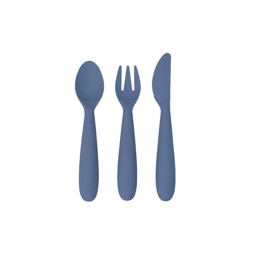 EzPz Happy Utensils Set - Indigo Color Toddler Feeding Spoon & Fork - BPA-Free Self-Feeding Utensils for Babies & Kids - Perfect for Home, Daycare & Travel Use