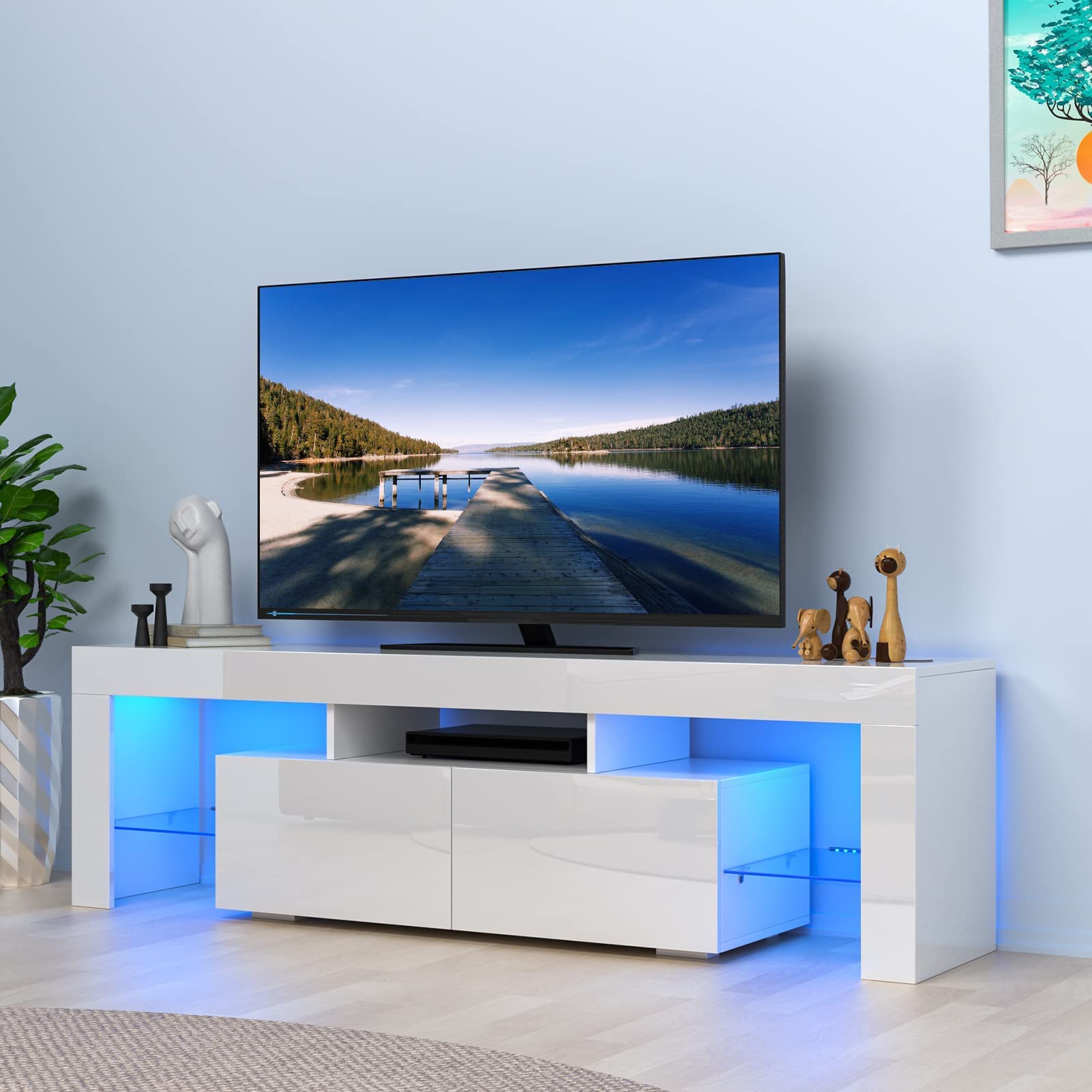 Modern RGB LED TV Stand for 60 65 70 Inch TVs - High Glossy Entertainment Center with Storage Shelves - Media Console for Living Room, Game Room & Bedroom (63