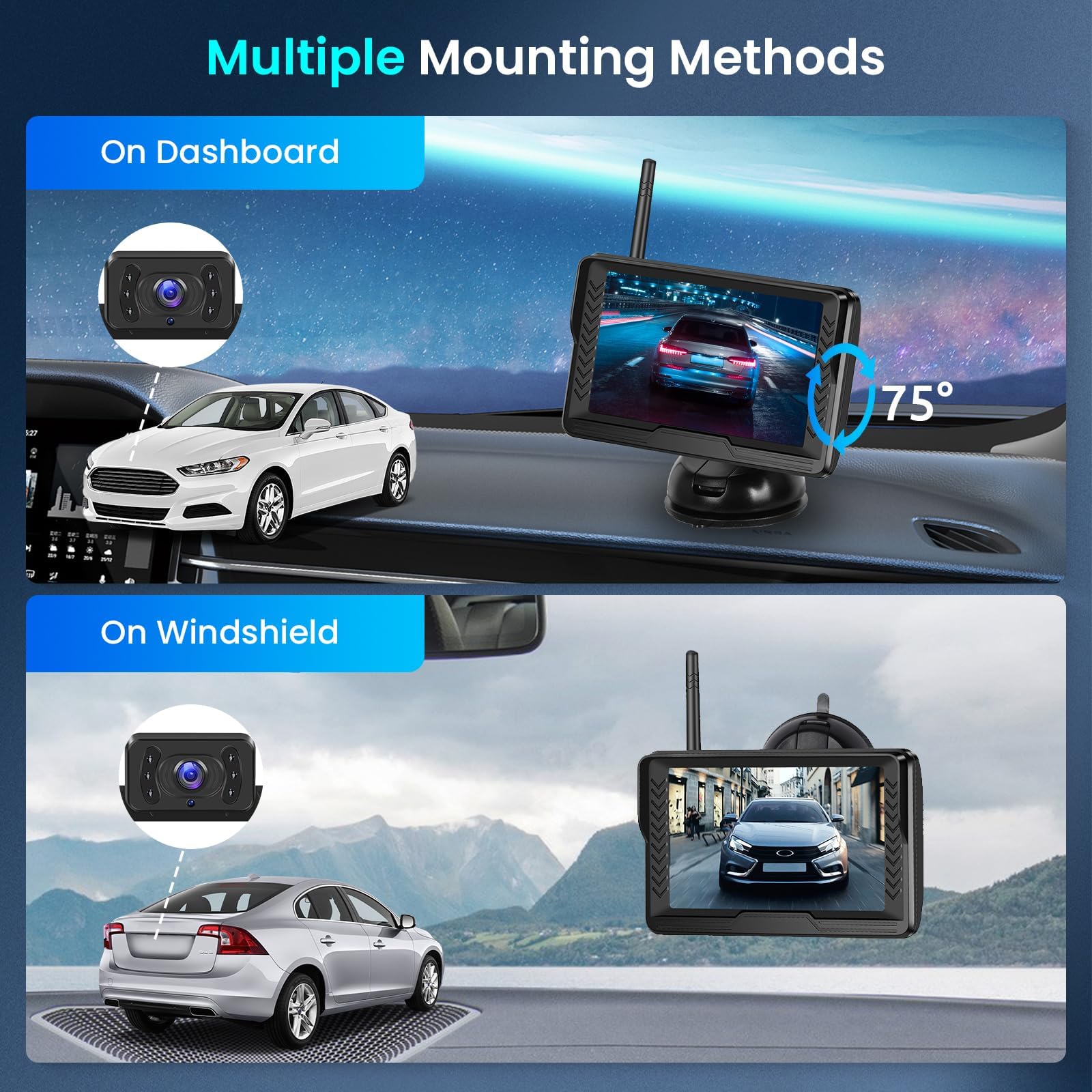 Rimoody 5 Inch IPS Wireless Backup Camera for Car, Truck, RV & SUV - AHD License Plate Rear View Camera with IP69 Waterproof & Night Vision - Plug & Play Wide Angle Wireless Signal - Perfect for Parking, Reversing & Towing Safety