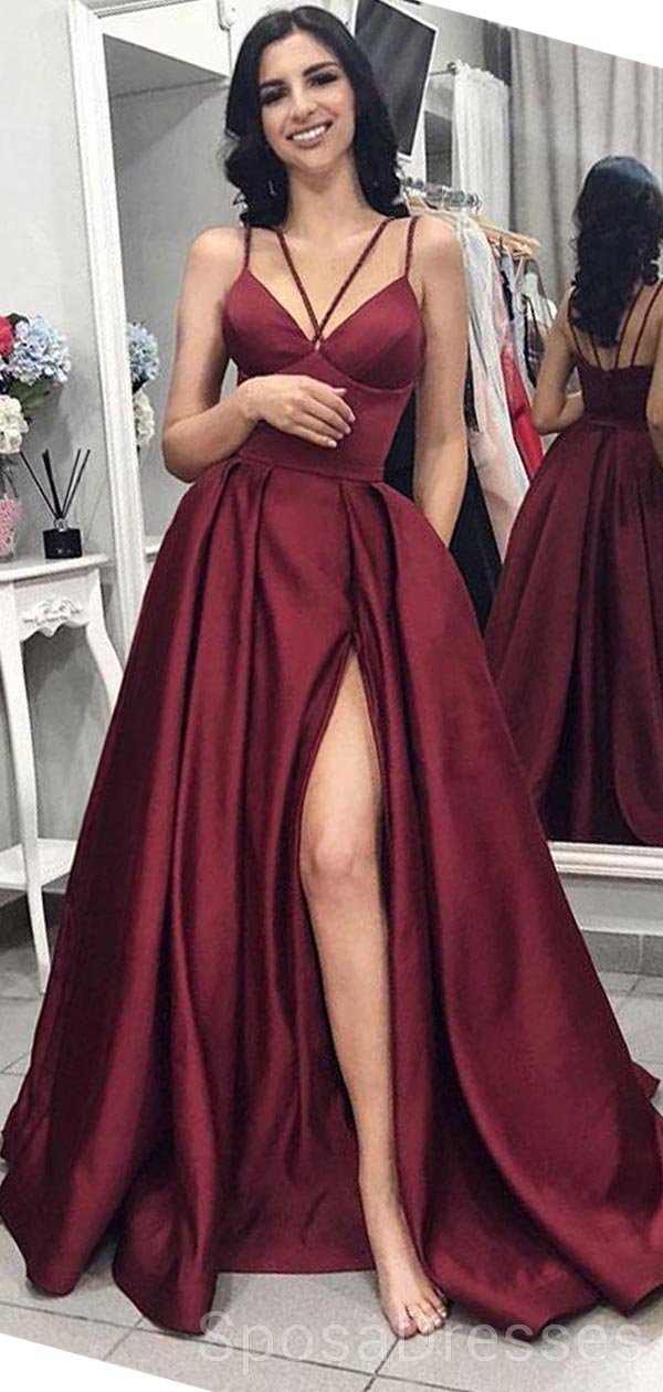 Elegant Maroon Spaghetti Strap Long Evening Dress with Side Slit - Custom Sweet 16 Prom Gown for Women | Perfect for Formal Events, Homecoming & Special Occasions