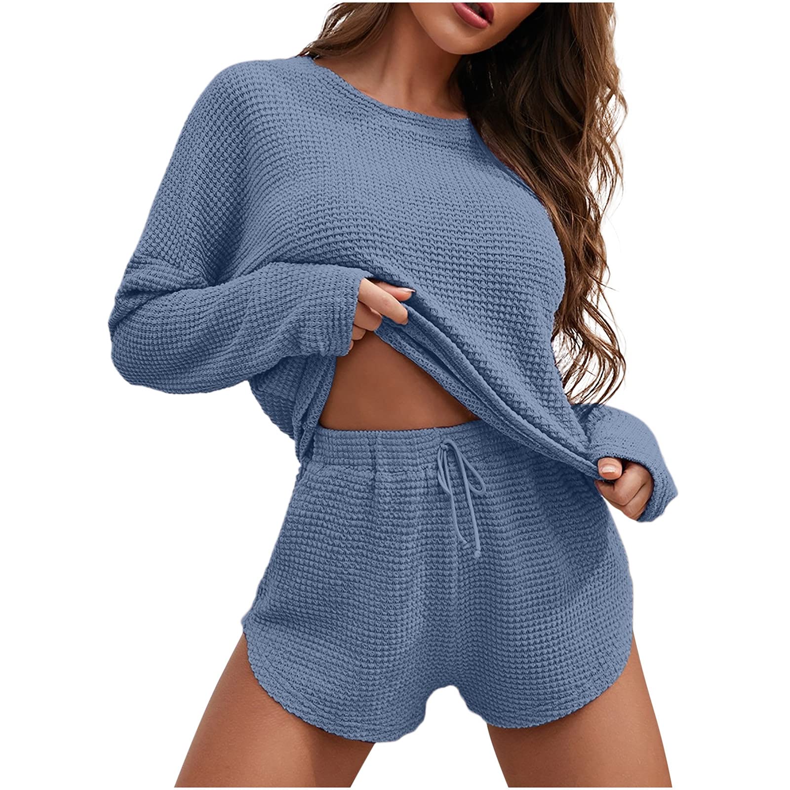 Women's Waffle Knit Pajama Set - Long Sleeve Top & Shorts Loungewear - Soft Casual Sleepwear with Pockets - Perfect for Home Relaxation, Yoga & Cozy Nights