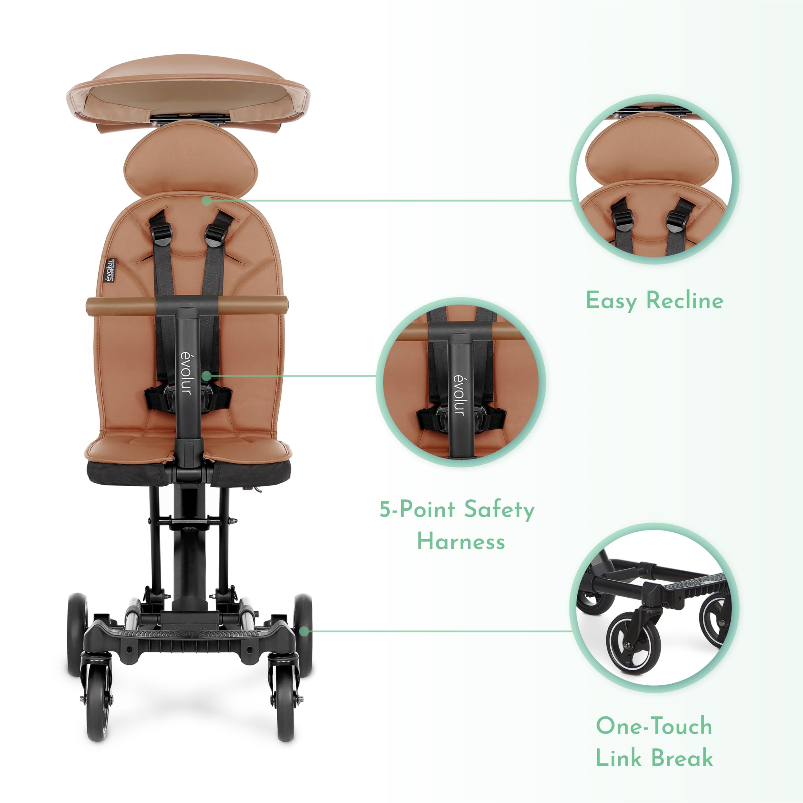 Evolur Cruise Rider Lightweight Compact Fold Stroller with Canopy - Easy Carry Travel Stroller for Toddlers, Perfect for Airports, Shopping & Daily Walks - Cognac