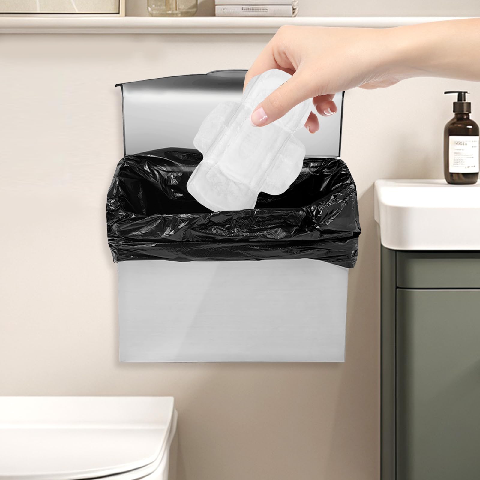 2 Pack Stainless Steel Feminine Hygiene Disposal Bin - Wall Mounted Sanitary Napkin & Tampon Waste Container with 100 Disposal Bags | Ideal for Bathrooms, Restrooms, and Public Washrooms