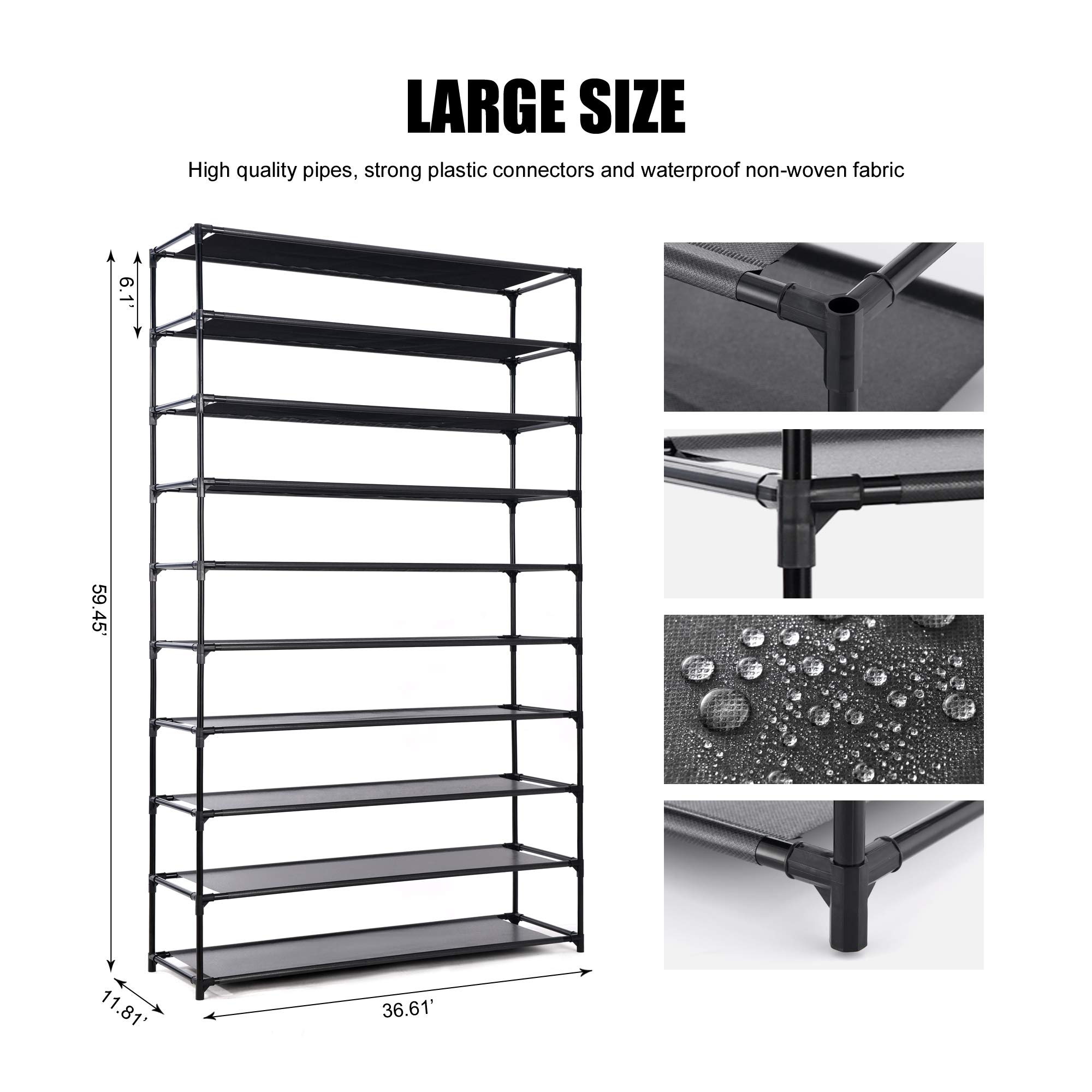 50 Pairs Shoe Rack Organizer - 10-Tier Space Saving Shoe Shelf for Bedroom, Closet & Entryway | Non-Woven Fabric Shoe Storage | Perfect for Small Spaces & Shoe Lovers (Black)