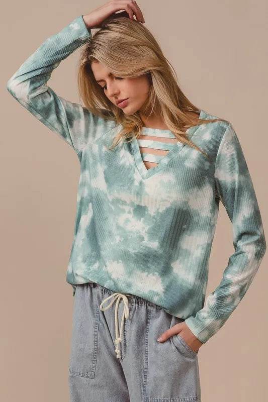 Bibi Variegated Tie Dye Rib V Neck Top With Straps in Dusty Sage Multi - Stylish Boho Chic Blouse for Women, Perfect for Summer Festivals, Beach Vacations & Casual Outings