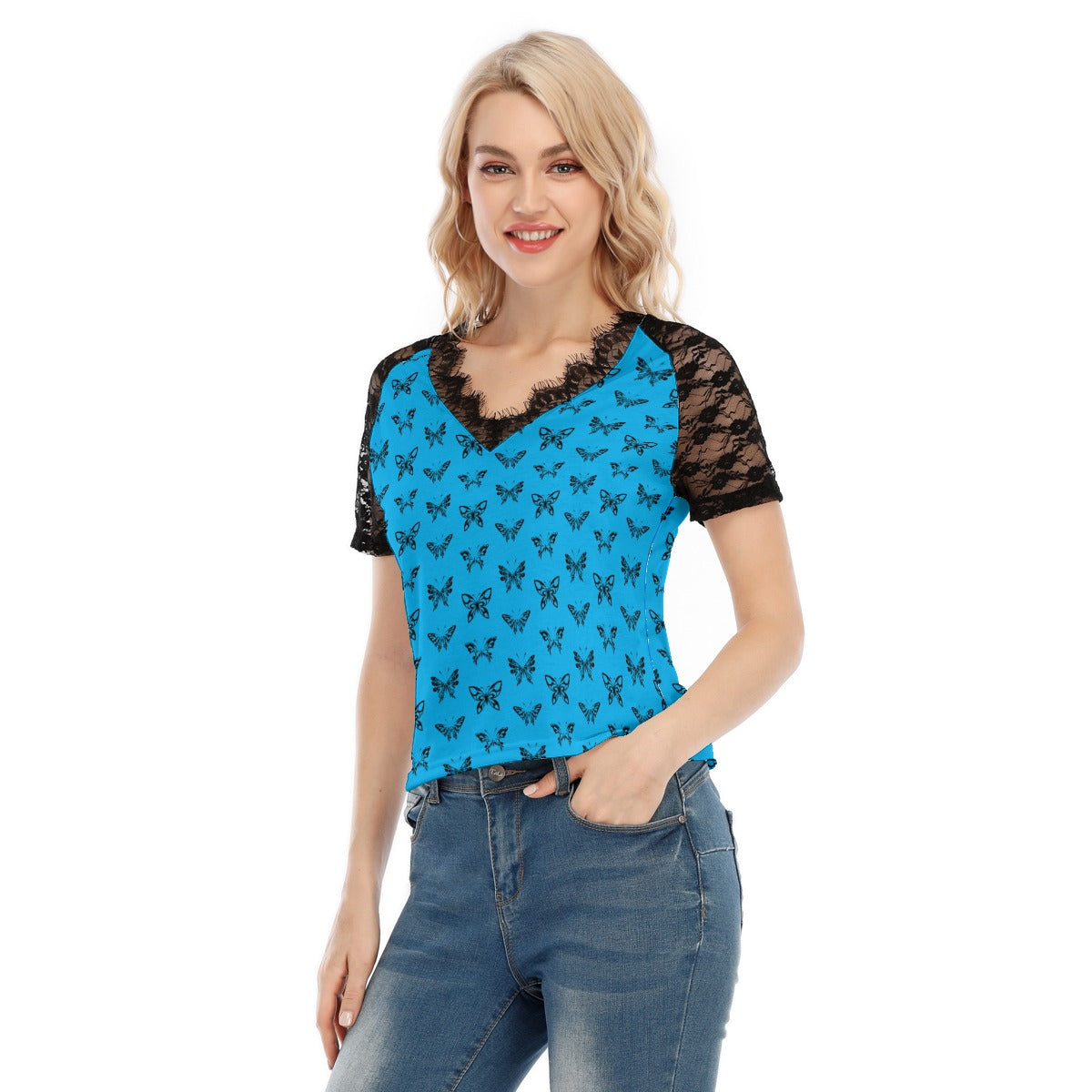 Ink Butterflies V-Neck Lace T-Shirt for Women - Elegant Floral Print Top for Casual Wear, Date Night & Summer Outfits