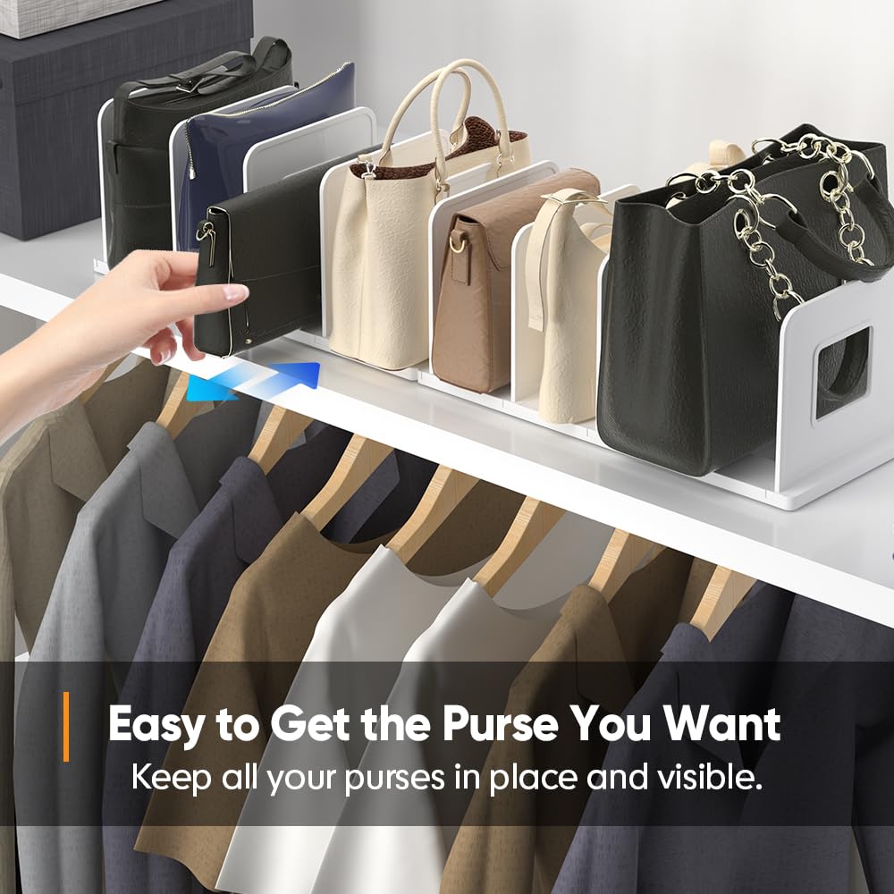 Adjustable Purse Organizer for Closet Shelf - 10 Divider Handbag Storage Organizer with Shelf Dividers - White | Perfect for Closet Organization & Purse Display