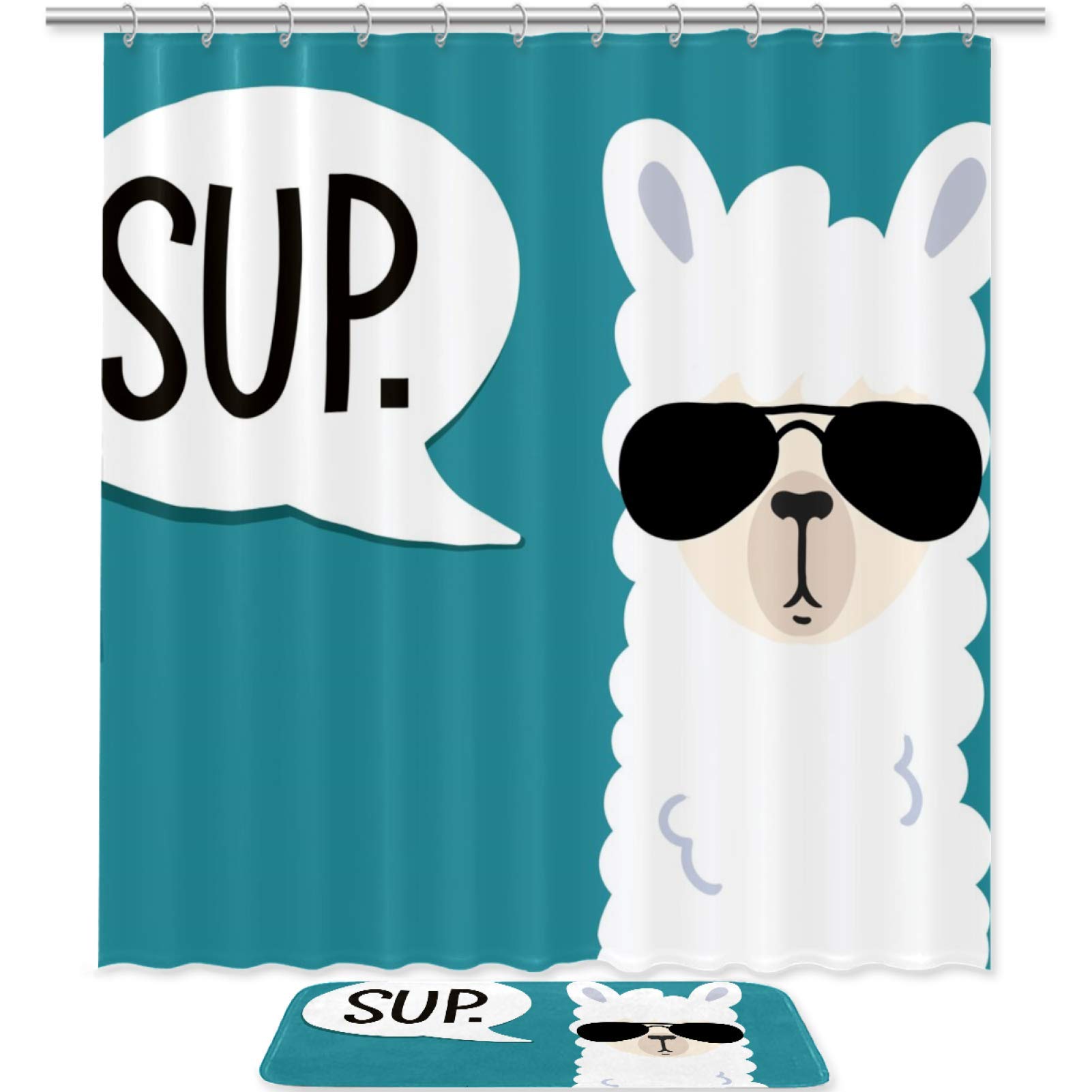 imobaby Waterproof Llama Shower Curtain Set with Black Sunglasses Design - Includes Non-Slip Bath Mat & Doormat for Bathroom Decor | Perfect for Kids' Bathrooms, Beach Houses & Boho Style Homes