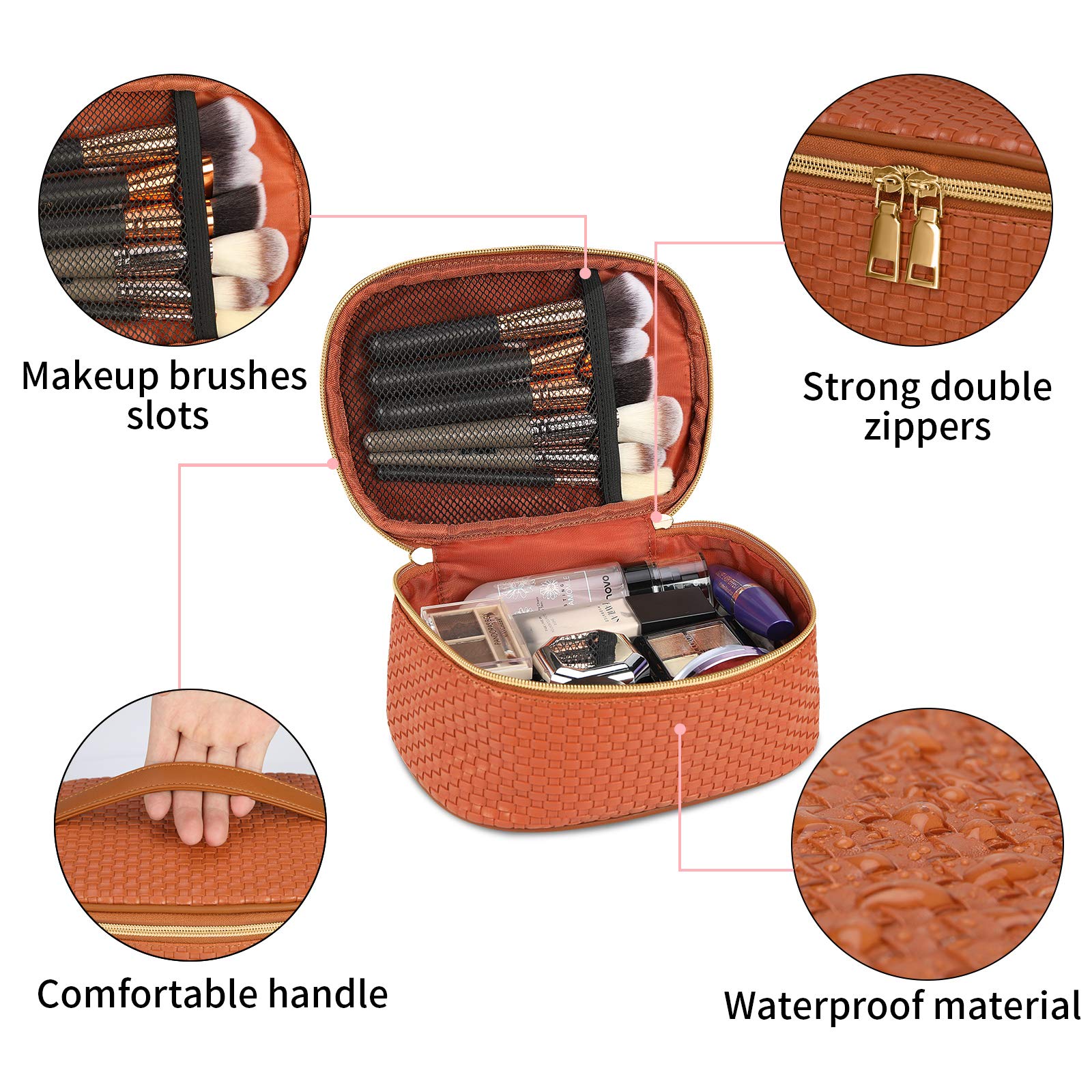 KTMOUW 3-Piece Waterproof Makeup Bag Set - Portable Travel Cosmetic Organizer with Multifunctional Storage | Perfect for Women's Toiletries, Cosmetics & Travel Essentials (Brown, Woven Design) | Ideal for Travel, Gym, Daily Use & Gift Giving