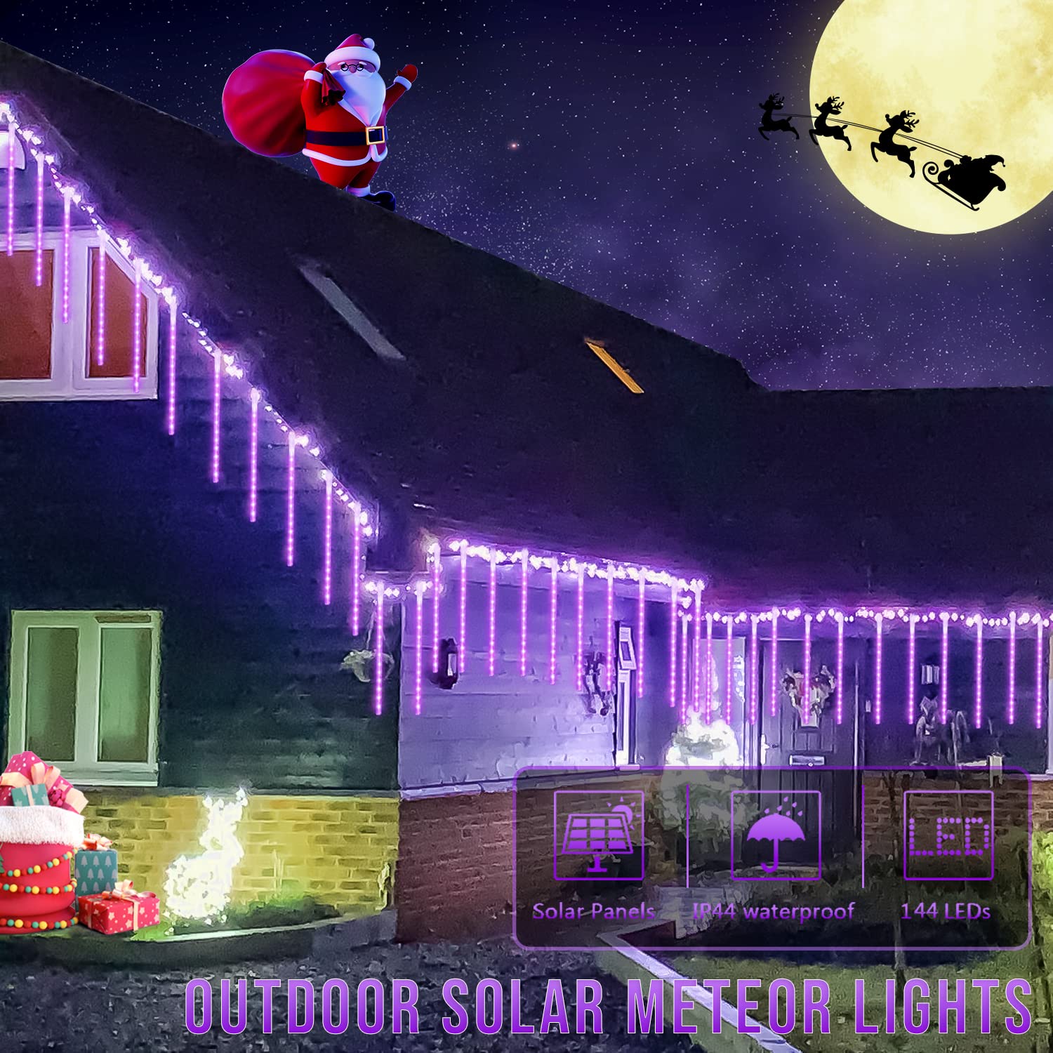 JMEXSUS 144 LED Solar Meteor Shower Lights Outdoor - 8 Tube Waterproof Christmas Lights for Tree, Halloween, Patio, Yard & Holiday Party Decor (Purple) - Perfect for Garden, Pathway, and Festive Celebrations