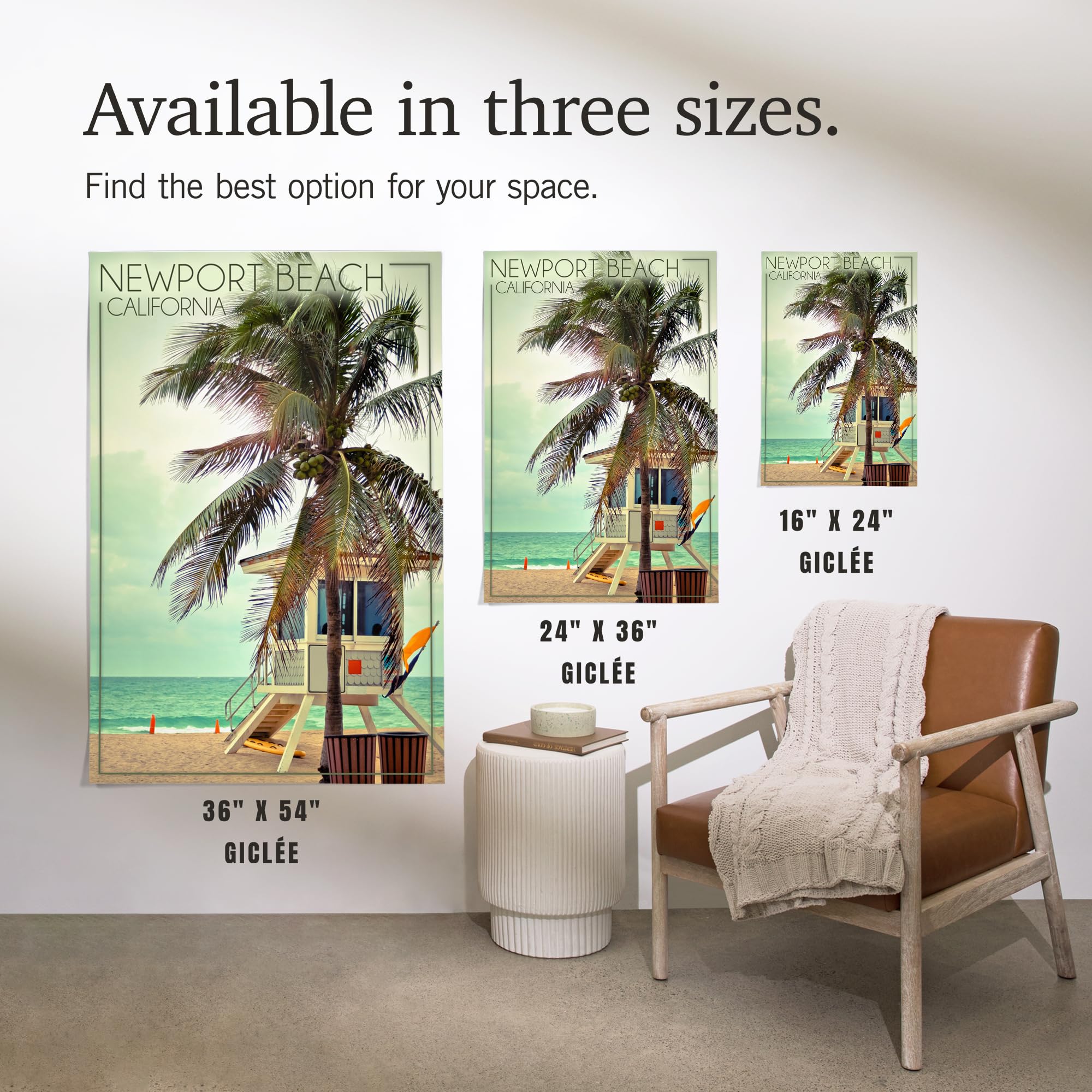 Lantern Press 24x36 Inch Giclee Art Print - Newport Beach California Coastal Wall Decor with Lifeguard Shack & Palm Trees - Perfect for Living Room, Bedroom or Beach House Decor
