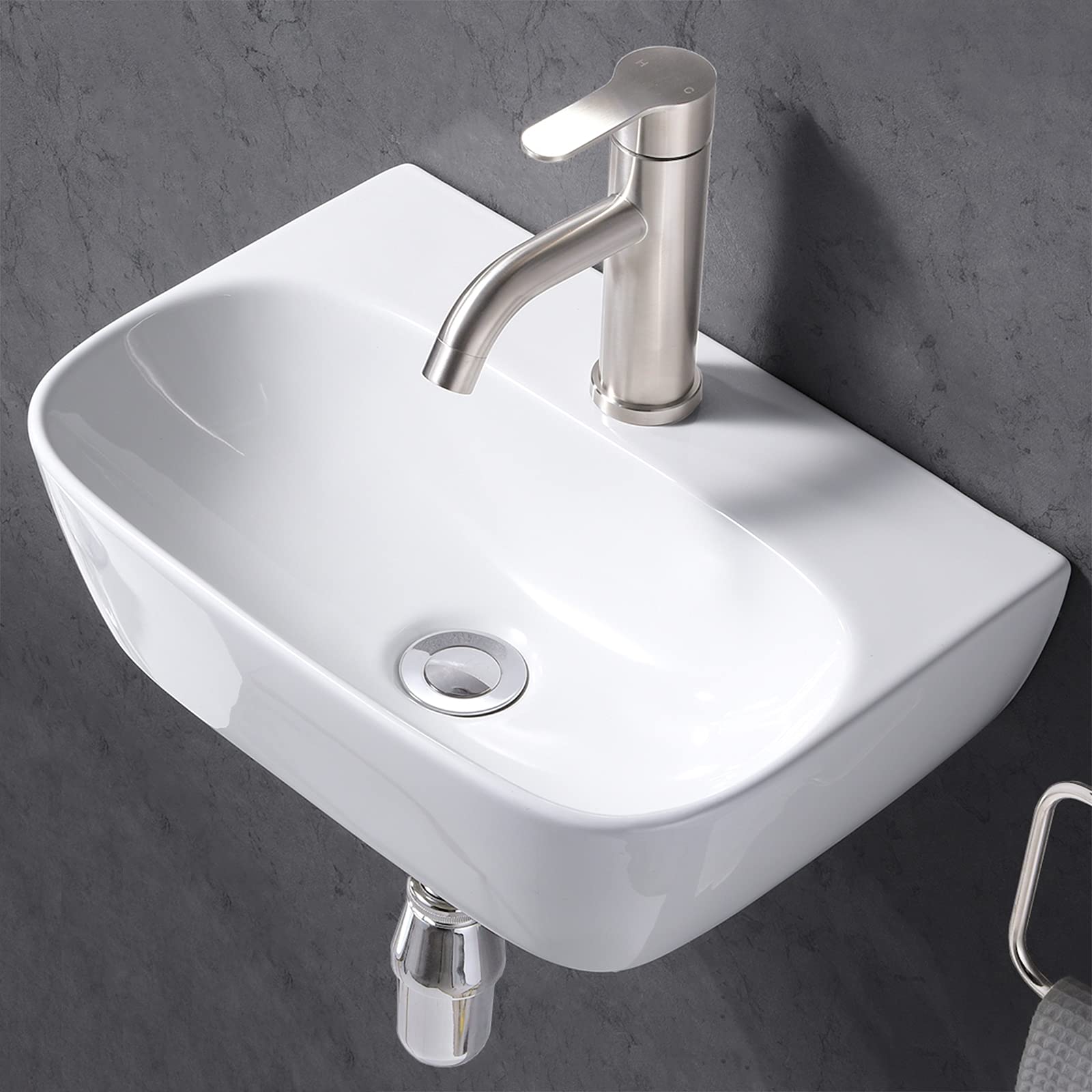 Friho Small Wall Mount Bathroom Sink - Modern White Porcelain Ceramic Vessel Vanity for Powder Room, Guest Bath & Tiny Homes - Space-Saving Compact Lavatory Design