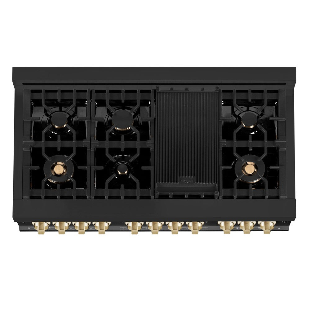 ZLINE Autograph Edition 48-inch Professional Kitchen Package - Black Stainless Steel Dual Fuel Range, Range Hood, Dishwasher & Refrigerator with External Water Dispenser & Polished Gold Accents (4AKPR RABRHDWV48 G) - Perfect for Modern Luxury Kitchens, Restaurant-Style Cooking & Entertaining