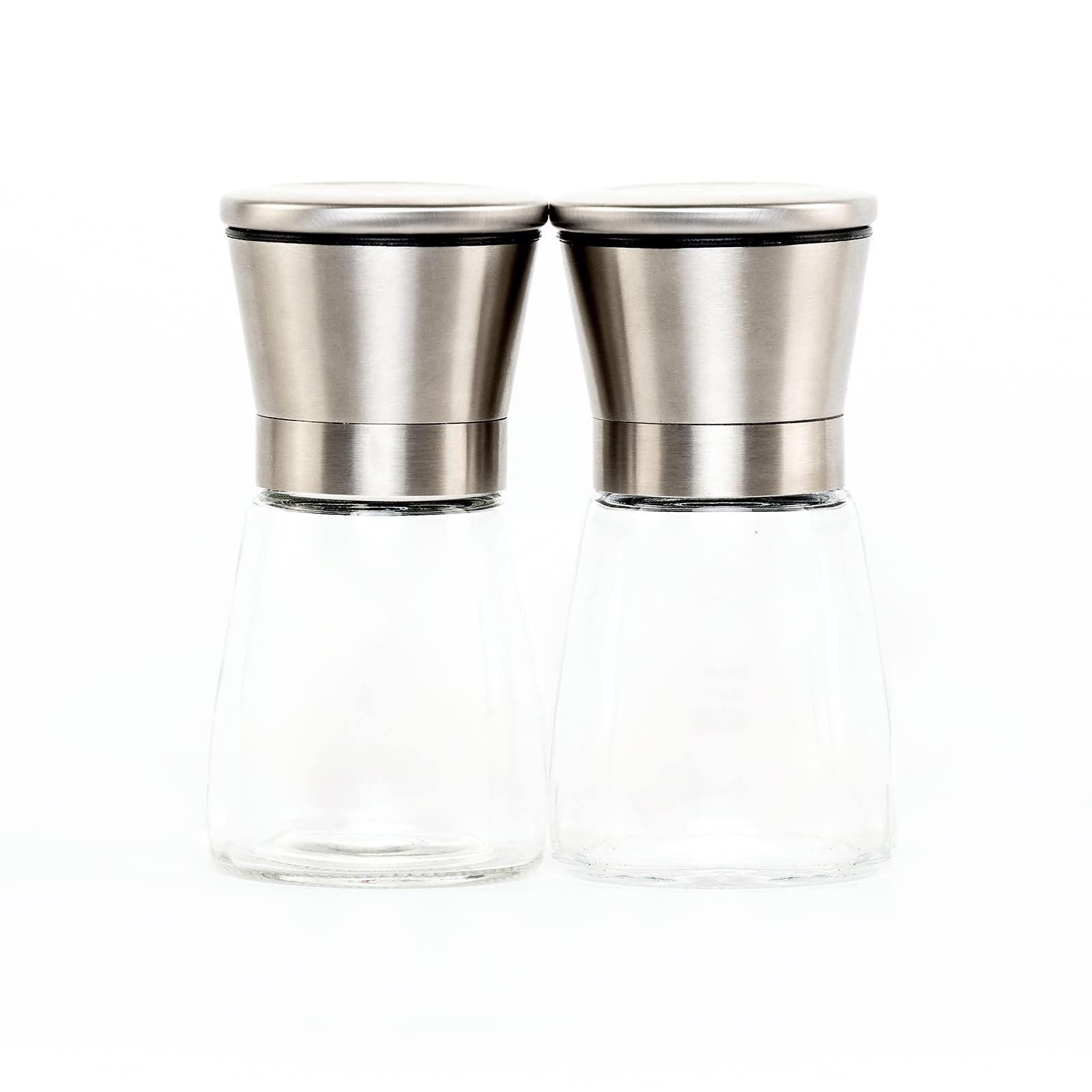 Premium Salt and Pepper Grinder Set with Wood Tray - Adjustable Manual Sea Salt & Peppercorn Mill - Refillable Glass Containers with Stainless Steel Caps - Perfect for Farmhouse Kitchen, Dining Table & Gourmet Cooking