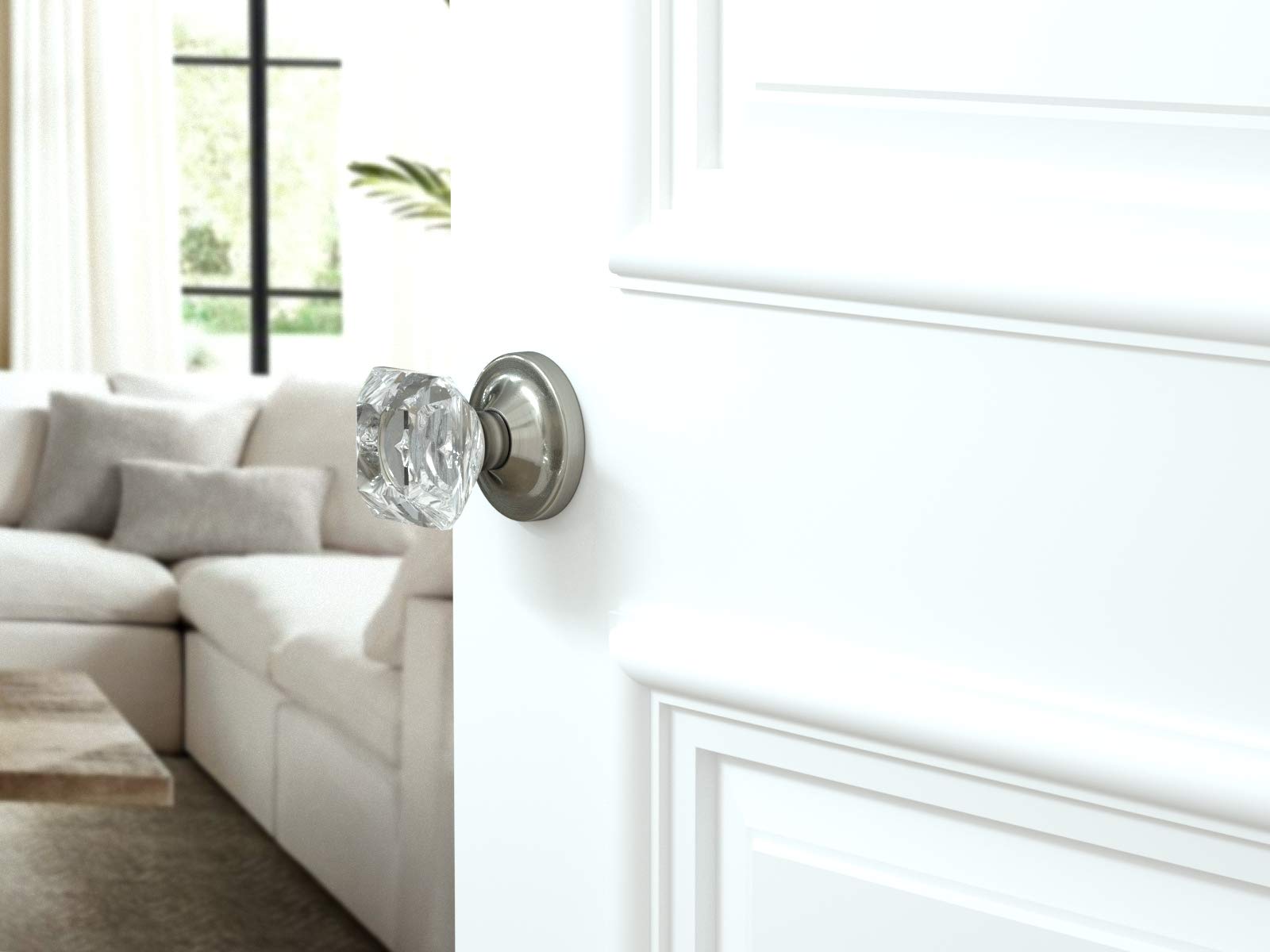 (7 Pack) Privacy Crystal Door Knobs - Satin Nickel Finish with Round Rosette for Bedroom, Bathroom & Closet Doors | Princess Cut Design for Elegant Home Decor