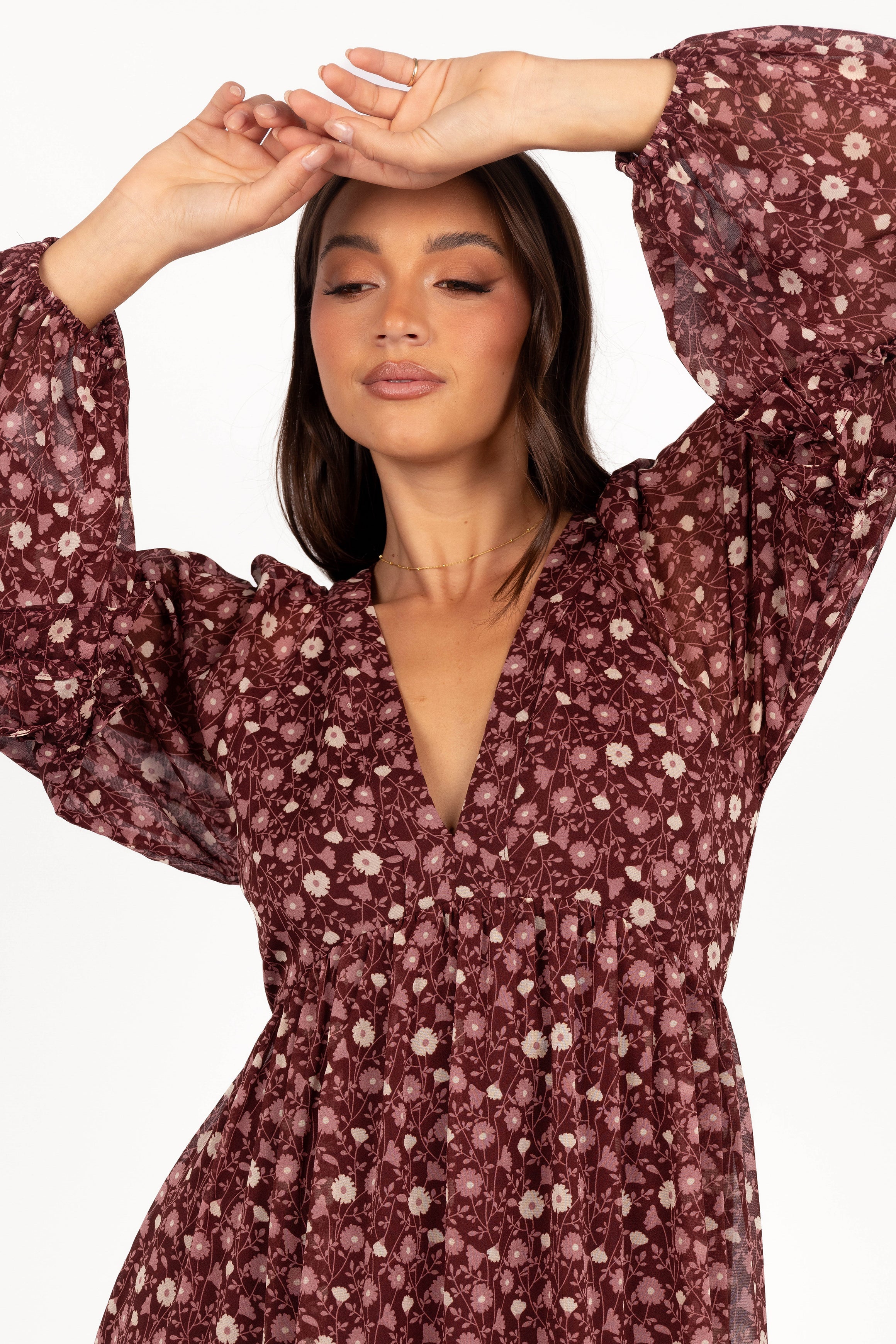 Evian Long Sleeve Maxi Dress for Women - Burgundy Multi Color Flowy Elegant Dress - Perfect for Weddings, Parties & Special Occasions
