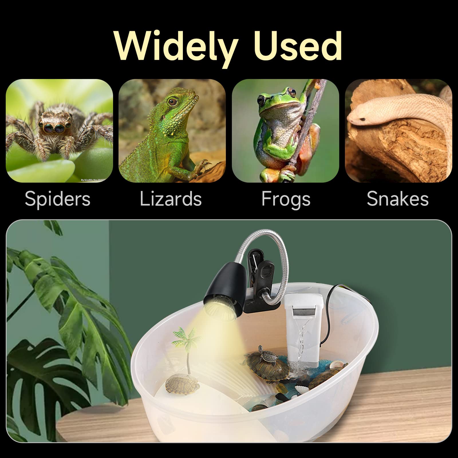 2 Pack Reptile Heat Lamp with 360° Rotatable Hose & Timer - UVA/UVB Basking Light for Bearded Dragons, Turtles, Snakes & Lizards - Includes 4 Bulbs & 2 Heating Clips - Perfect for Terrariums & Reptile Habitats