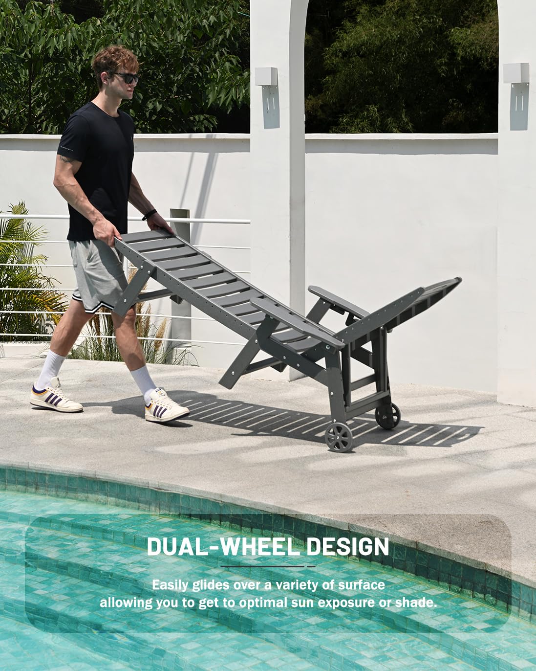 6-Position Adjustable HDPE Outdoor Chaise Lounge Chair with Wheels & Cup Holder - Patio, Poolside, Deck & Backyard Relaxation - Grey Weather-Resistant Lounge Chair for Sunbathing & Outdoor Lounging
