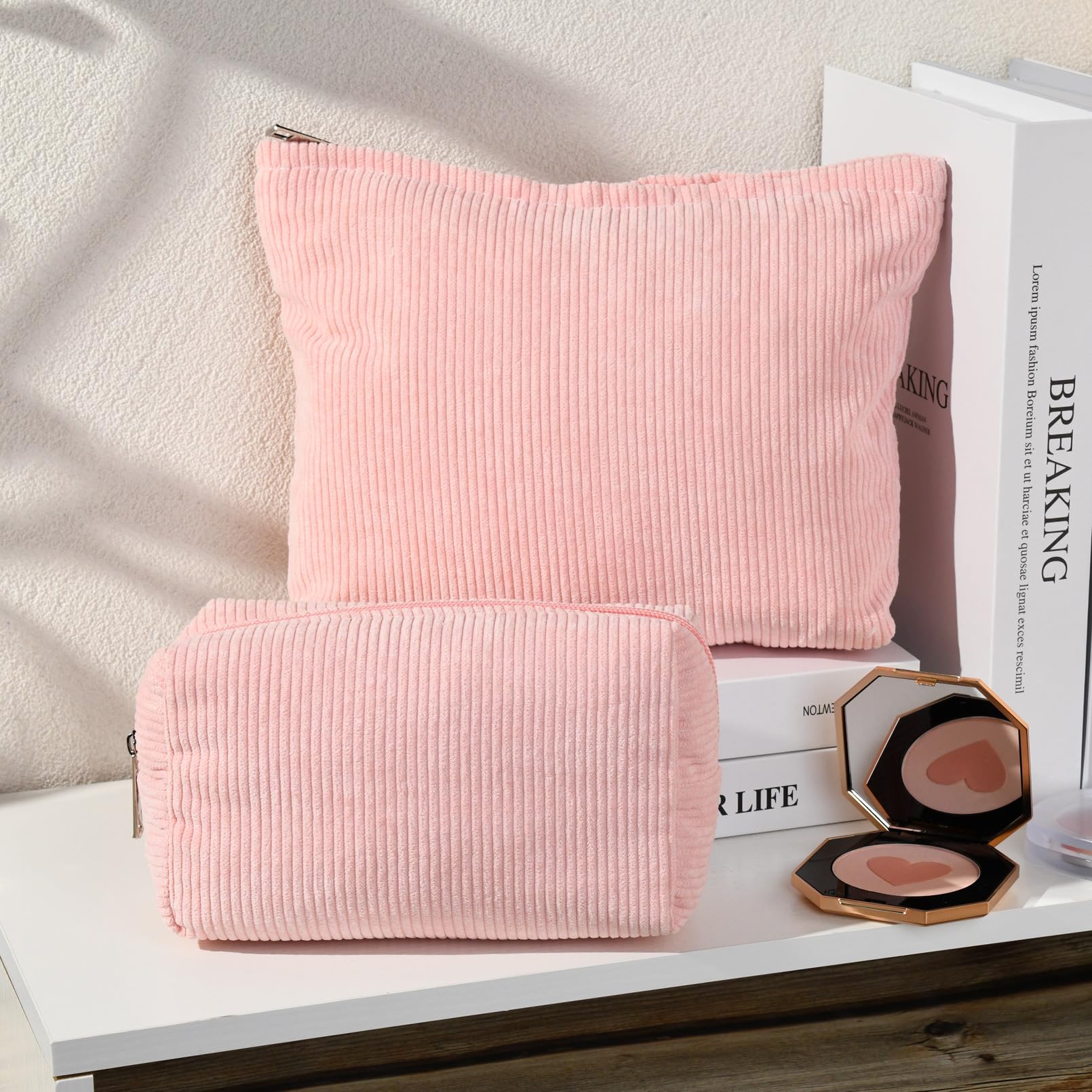 2 Pack Large Corduroy Makeup Bags for Women - Waterproof Travel Cosmetic Organizer with Multiple Pockets, Cute Aesthetic Design for Brushes, Toiletries & Accessories - Perfect for Travel, Gym, and Daily Storage