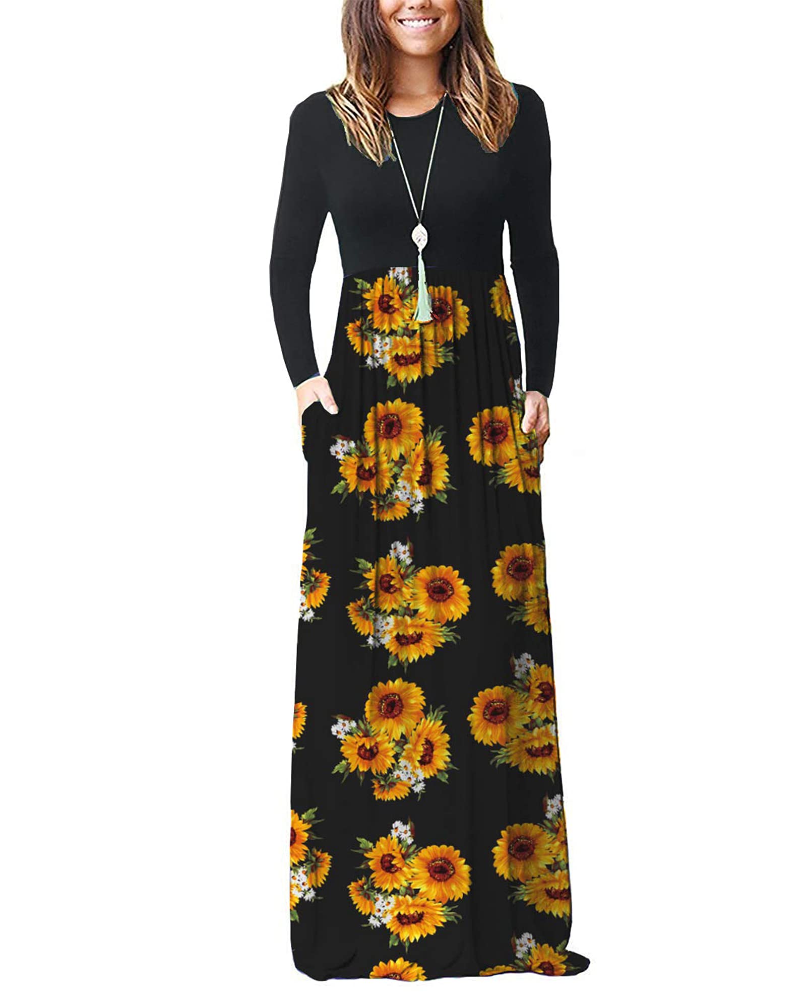 AUSELILY Women's Long Sleeve Loose Plain Maxi Dress with Pockets - Casual Flowy Boho Dress for Beach, Vacation & Everyday Wear