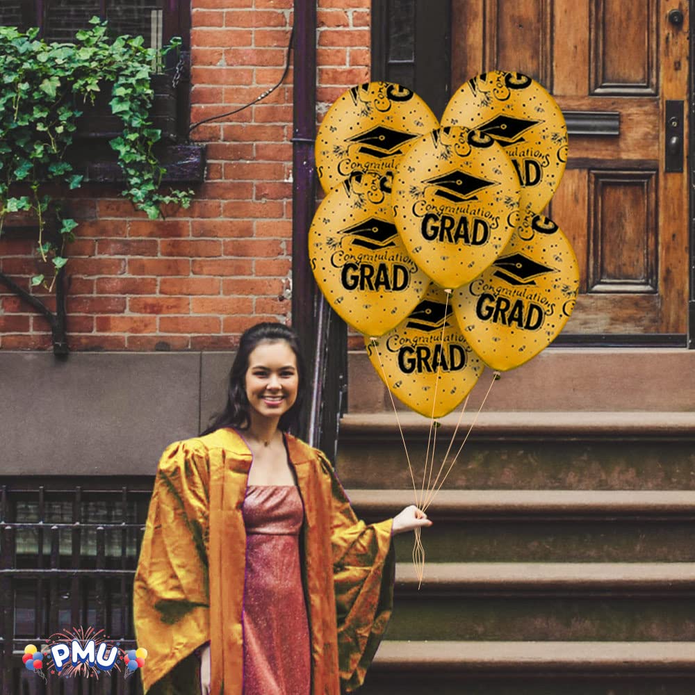 PMU Premium Gold Graduation Balloons with All-Over Print Black Graduation Caps, Confetti & Streamers - 100 Latex Balloons for Graduation Party Decorations | Perfect for Graduation Ceremonies, College Parties & School Celebrations
