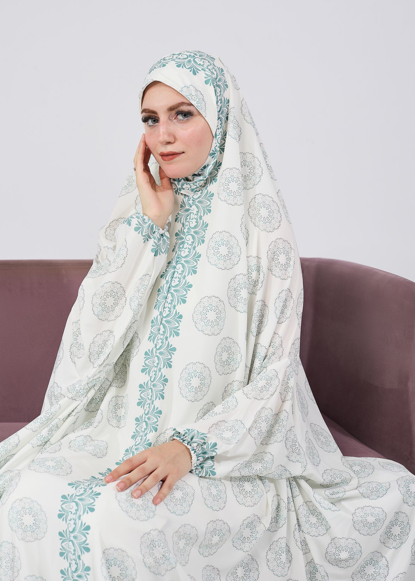 Elegant Floral Satin Prayer Gown for Women - Long Sleeve Extended Coverage Islamic Dress - Perfect for Salah, Eid, Ramadan & Special Occasions