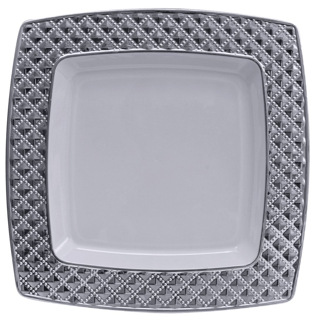 Premium 6-Inch Square White Dessert Plates with Elegant Silver Diamond Border - Set of 120 for Weddings, Parties & Fine Dining