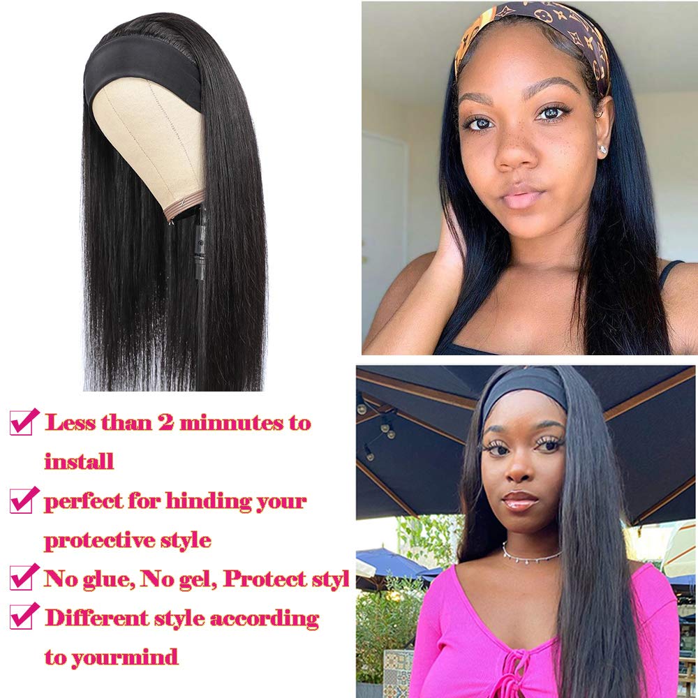 24 Inch Long Headband Human Hair Wigs #1B Natural Black - Glueless Non Lace Front Silky Straight Brazilian Remy Hair Wig 150% Density for Women - Machine Made Wear & Go Half Wig with Headband - Perfect for Daily Wear, Cosplay, Parties & Special Occasions