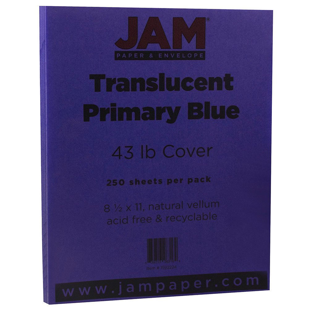 JAM PAPER Translucent Vellum 43lb Cardstock - 8.5 x 11 Coverstock - 176 GSM - Primary Blue - 250 Sheets/Ream - Perfect for Scrapbooking, Invitations & Craft Projects