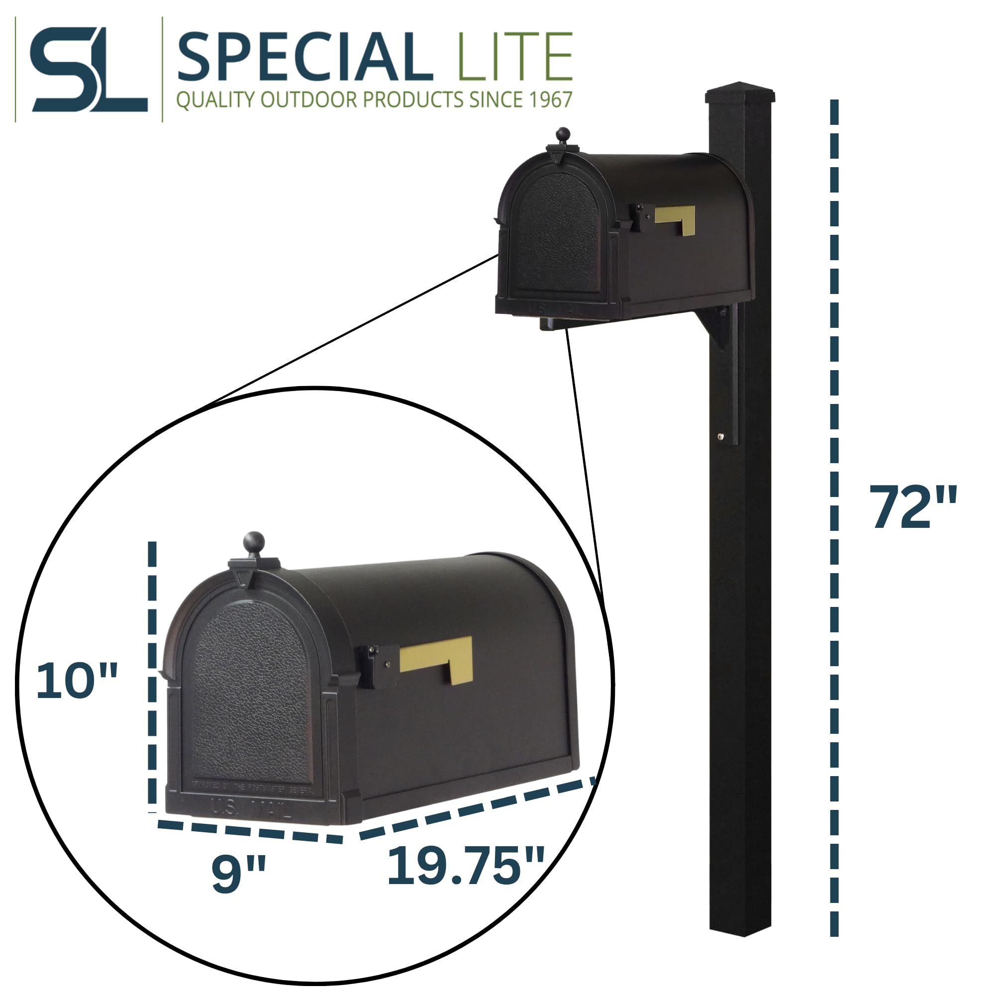 Special Lite Berkshire Curbside Mailbox with Wellington Post - Black Aluminum Mailbox with Post - SCB1015_SPK720-BLK | Durable Outdoor Mailbox for Homes & Businesses