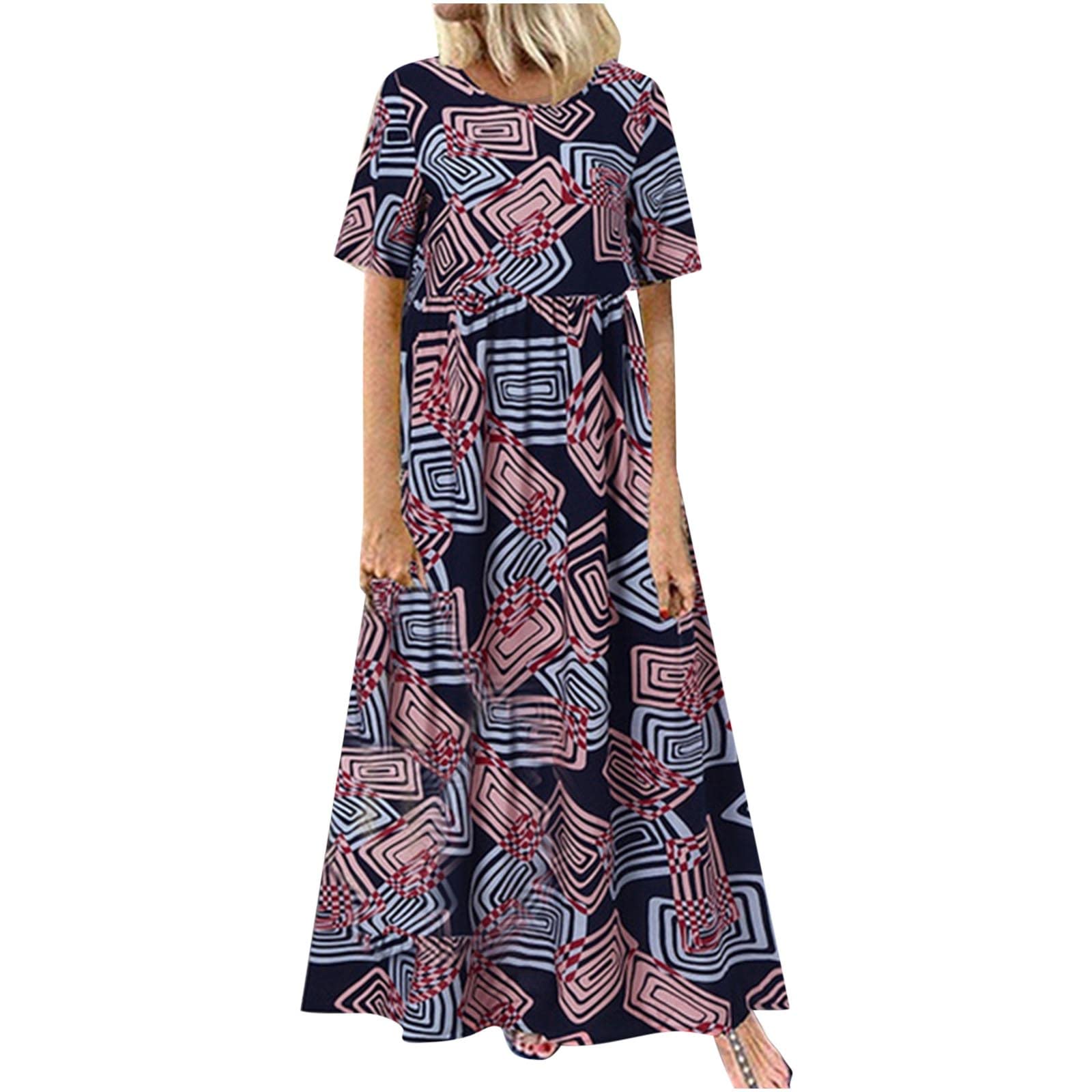 Women's Casual Floral Print Summer Maxi Dress - Short Sleeve Loose Fit Plus Size Boho Beach Dress for Vacation, Party & Everyday Wear
