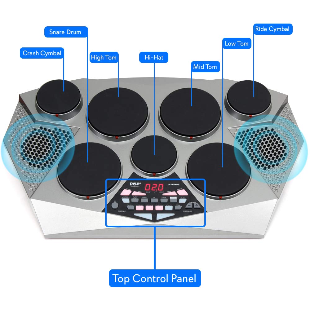 Pyle Pro Electronic Drum Kit - Portable Electric Tabletop Drum Set with 7 Drum Pads, Hi-Hat/Kick Bass Pedal, USB & AUX Input - Perfect for Home Practice, Studio Recording & Live Performances