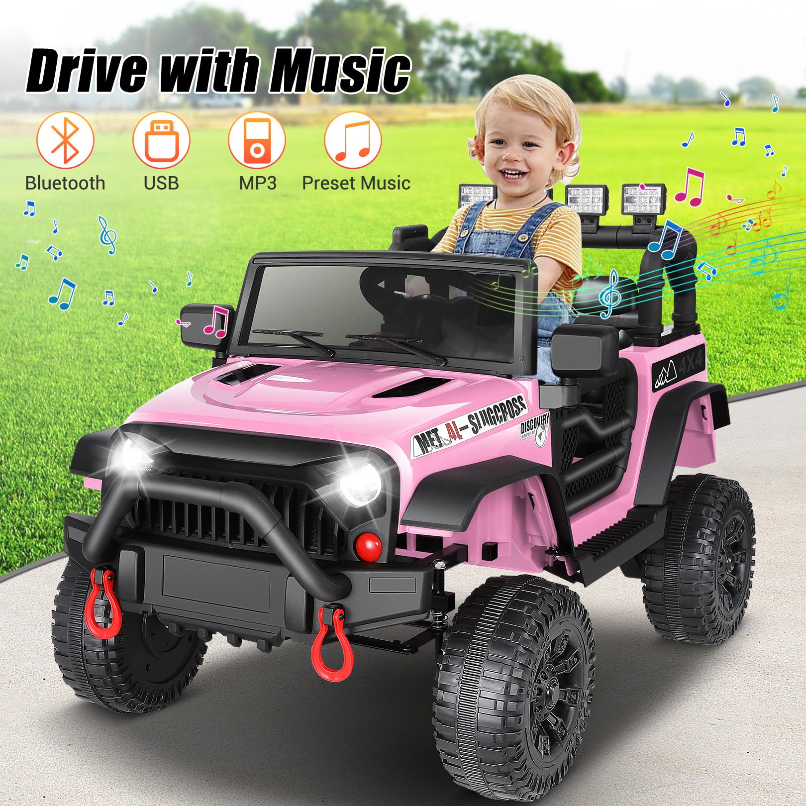 Hikole 12V Kids Electric Ride-On Jeep with Remote Control, Bluetooth, Music & 3 Speeds - Pink Battery-Powered Toy Car for Girls with Suspension Wheels | Perfect for Outdoor Play, Birthday Gifts & Toddler Pretend Driving Fun