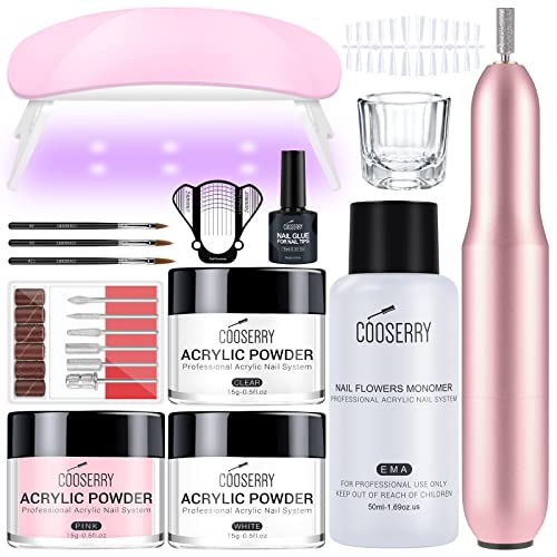 Cooserry Professional Acrylic Nail Kit with Electric Drill & UV LED Lamp - Complete Set with 3 Color Acrylic Powders, Liquid Monomer, 2-in-1 Nail Glue & False Nails - Perfect for Beginners & Home Salon Nail Art DIY Manicures