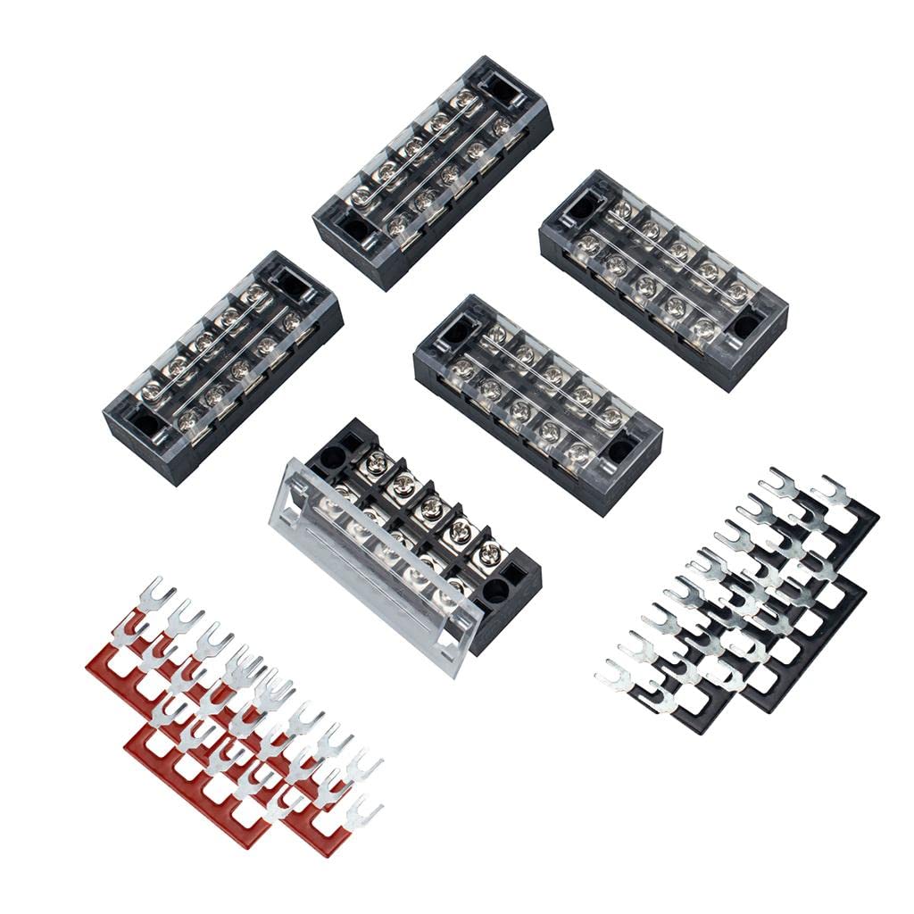MYADDICTION 5-Position Screw Terminal Strip Block - Dual Row Pre-Insulated Electrical Connectors (Red/Black) - Perfect for DIY Electronics, Home Wiring & Industrial Control Panels