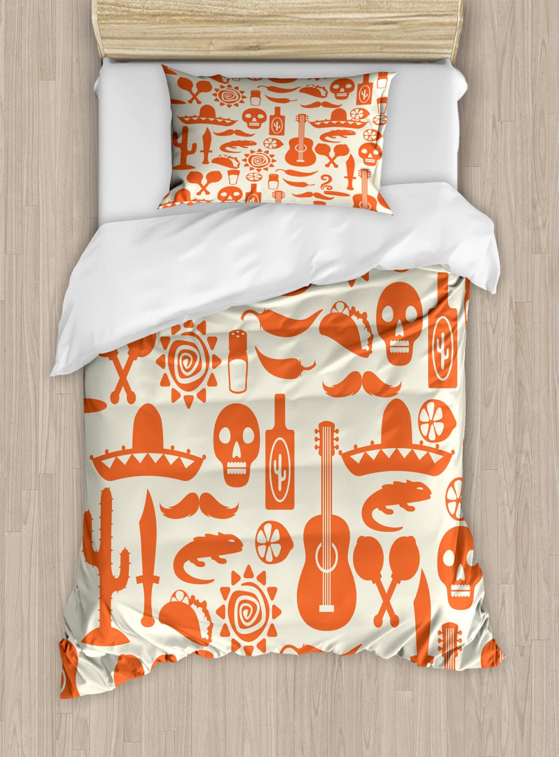 Ambesonne Mexican Duvet Cover Set - King Size 2-Pack with 2 Duvet Covers & 4 Pillowcases | Vibrant South American Culture Print Featuring Sombreros, Mariachi Hats, Skulls, Guitars & Tacos | Cream & Orange Bedding for Boho, Themed Bedrooms or Dorm Decor