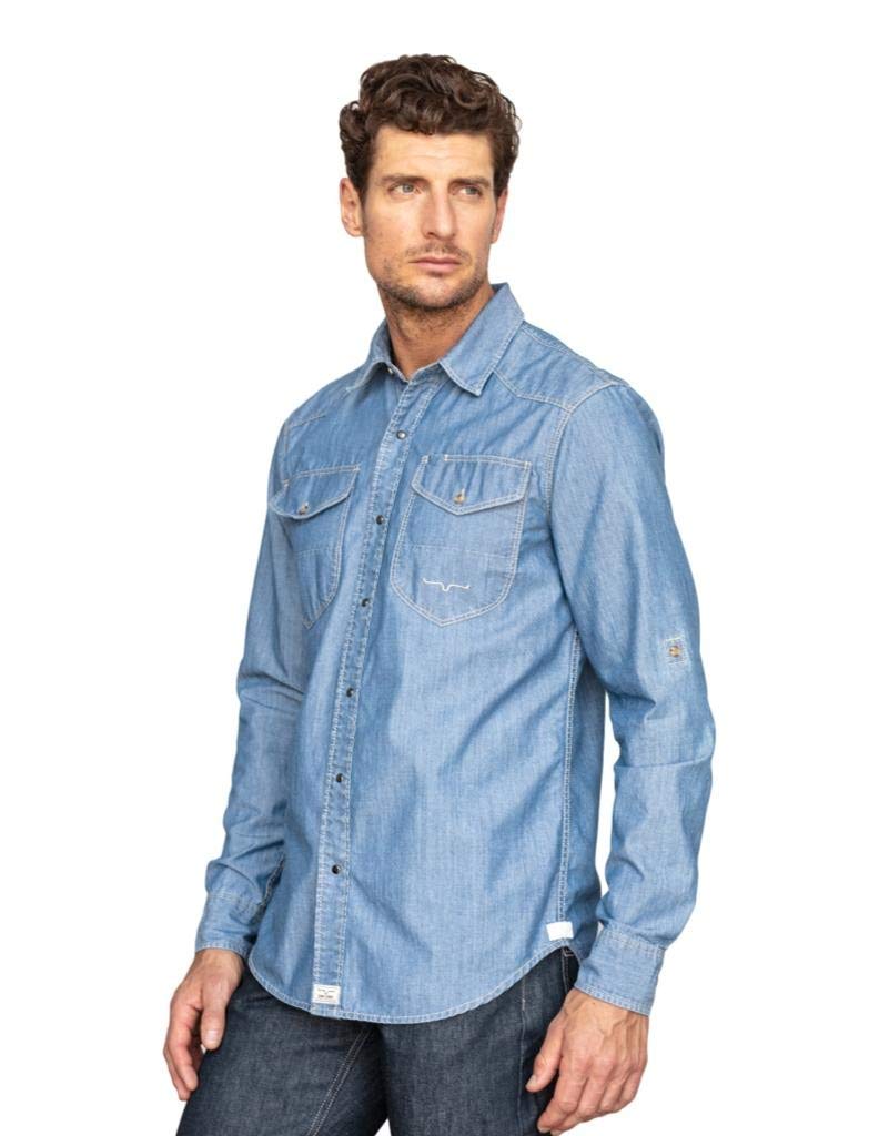Kimes Ranch Men's Denim Rock Chambray Button Down Shirt - Indigo Wash Casual Western Style Shirt for Men | Perfect for Cowboy Rodeo, Country Music Festivals & Everyday Wear