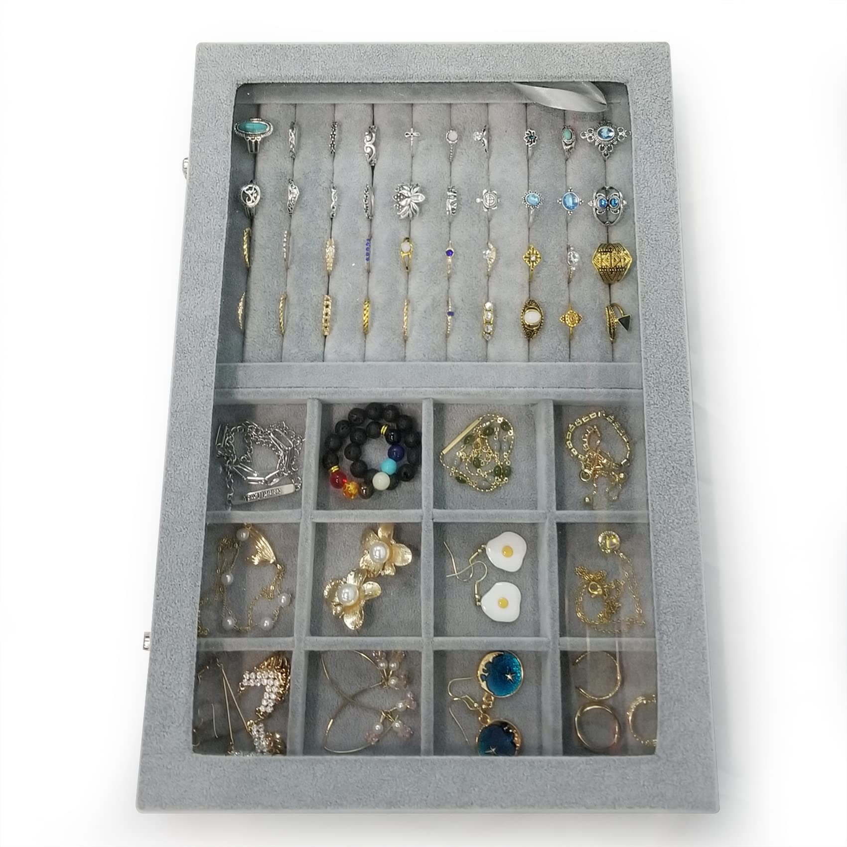 12 Grid Ice Velvet Jewelry Organizer Box with Clear Locking Lid - Ring Tray Display Case for Earrings, Necklaces & Bracelets - Perfect for Travel, Home Storage & Retail Showcase (Grey)