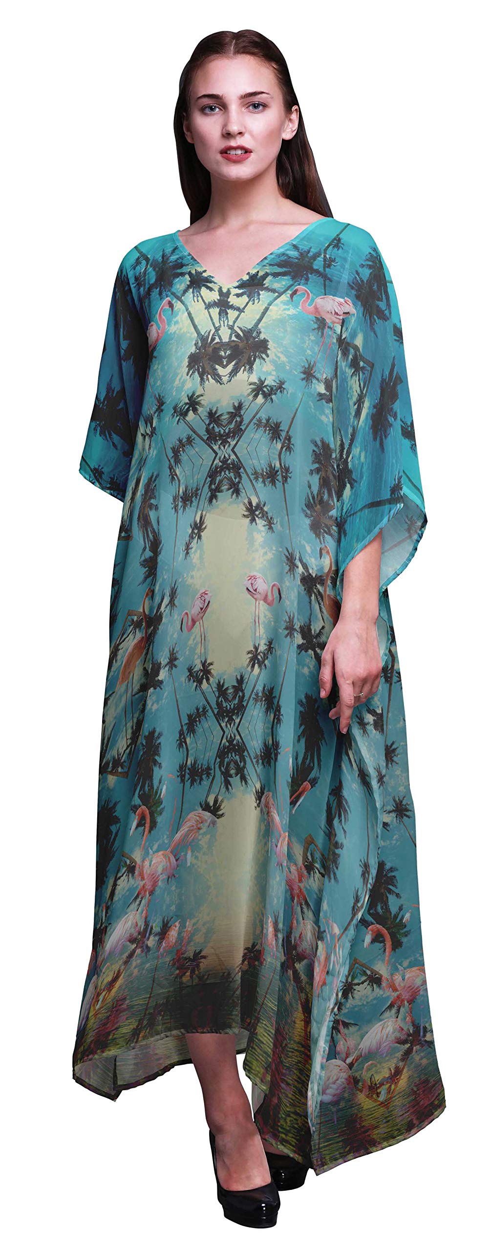 Women's Floral Palm Tree & Flamingo Beach Kaftan - Breezy Long Maxi Dress Cover Up for Swimwear | Perfect for Pool Parties, Vacations & Summer Outings