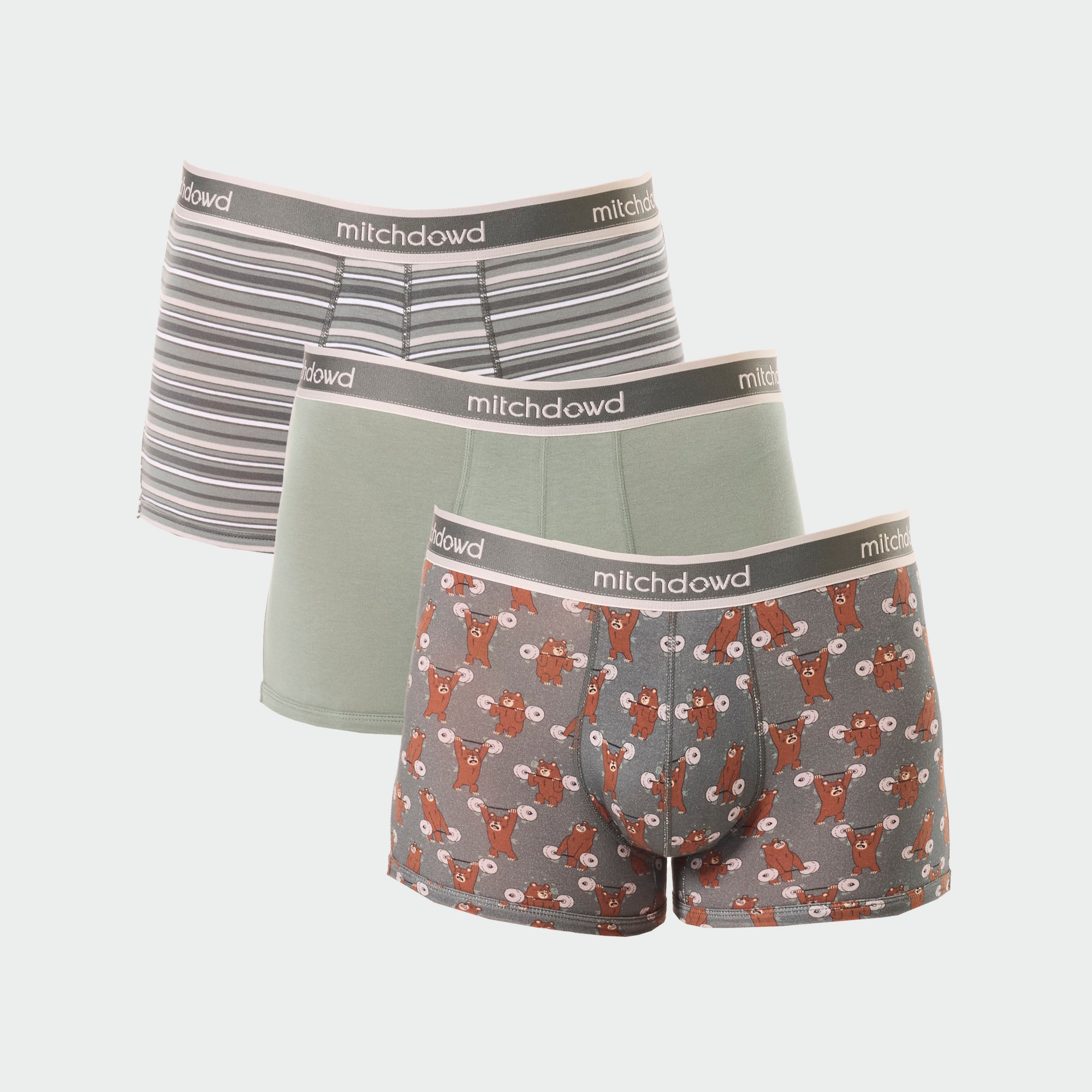 Men's Bears Pumping Iron Cotton Trunk 3-Pack - Soft Breathable Boxer Briefs for Gym, Workout & Everyday Comfort - Green