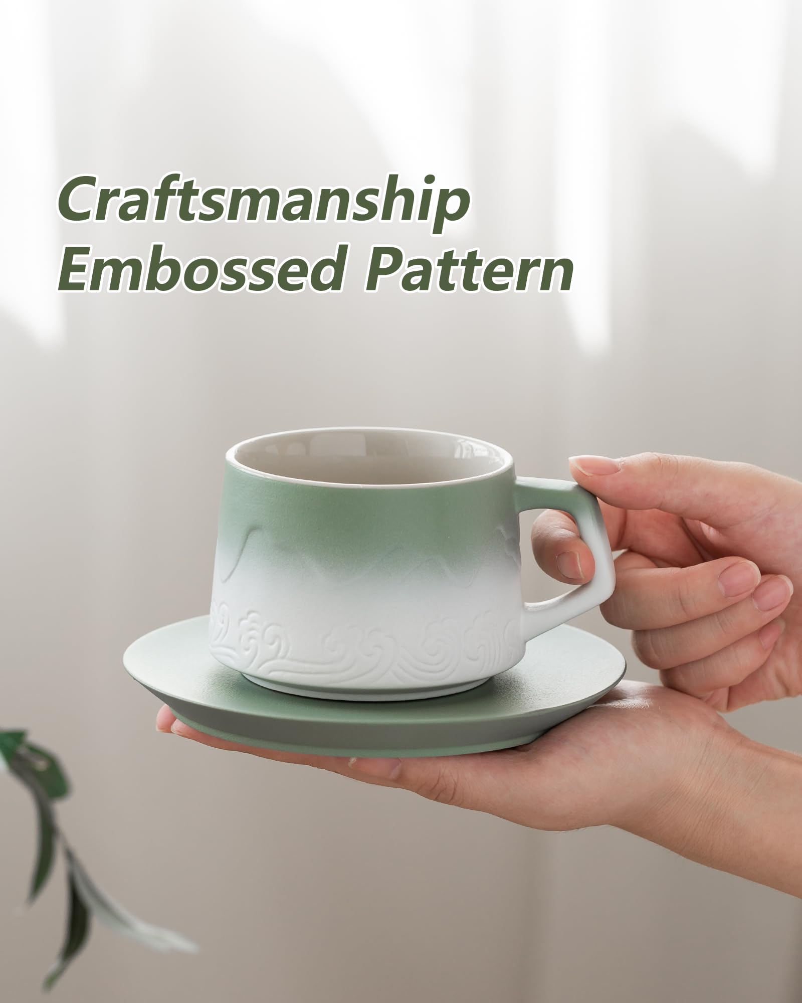 Premium 8oz Ceramic Cappuccino Cups Set of 2 with Saucers - Artistic Embossed Design for Latte Art, Perfect for Espresso, Au Lait, Matcha Tea - Moss Green & White Coffee Mugs - Ideal for Home Cafes, Gifts & Coffee Shops