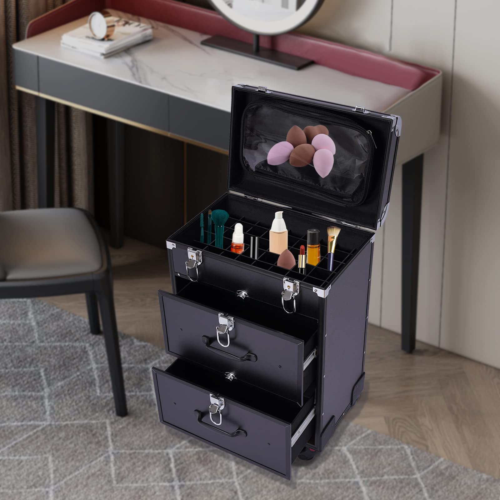 Black 22.8 Inch Spinner Wheel Makeup Suitcase - Travel Cosmetic Organizer with Drawer Storage for Lipstick & Nail Polish | Perfect for Professional Makeup Artists, Salon Stylists & Beauty Travel Accessories | Great for Air Travel, Bridal Makeup Kits & Mobile Beauty Services