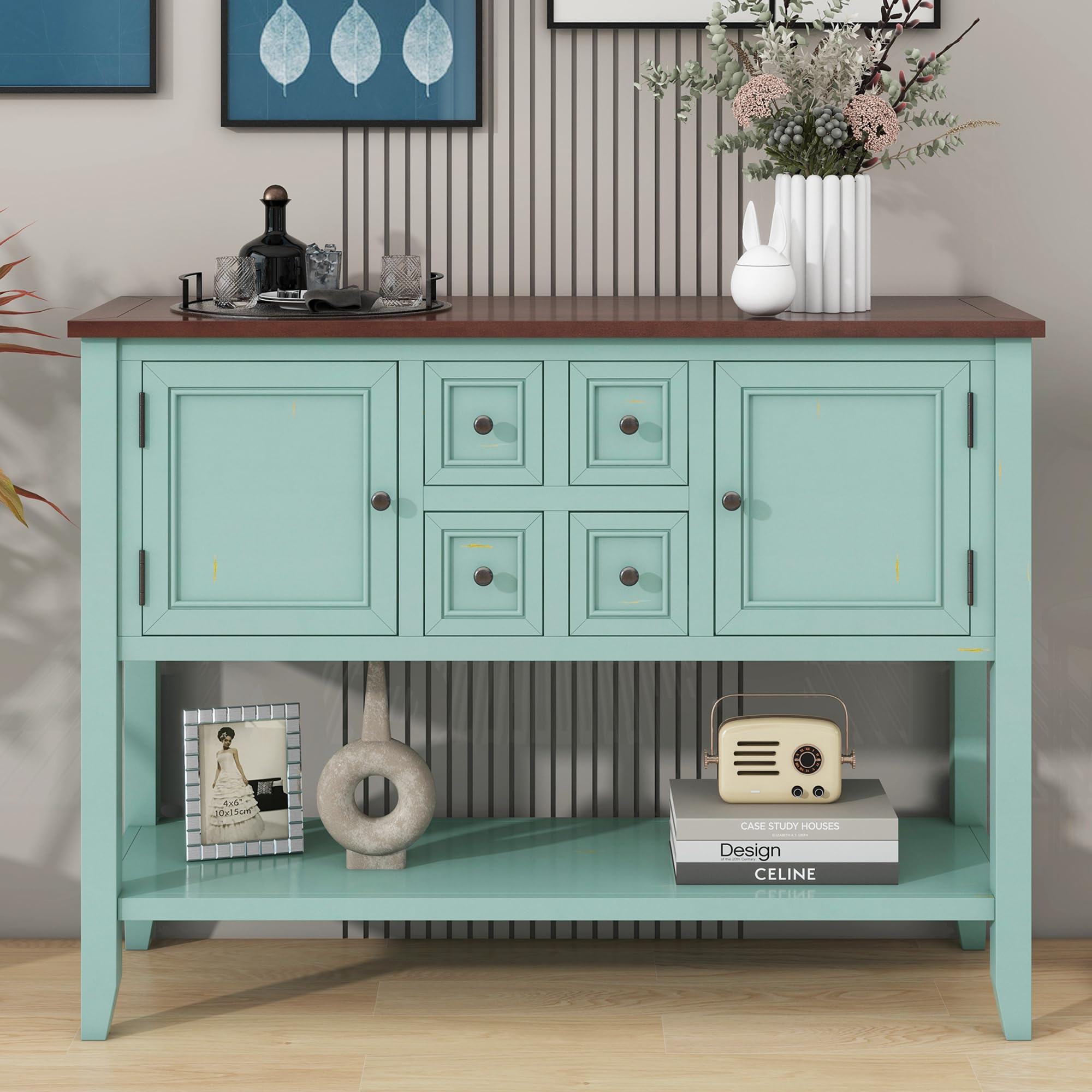 Vintage Blue Sideboard Buffet Cabinet with Storage - Entryway Console Table, Living Room & Kitchen Storage Cabinet for Dining Room - Retro Style Home Decor for Farmhouse & Modern Interiors