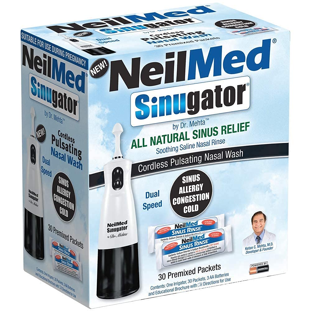 NeilMed Sinugator Cordless Pulsating Nasal Irrigator - Dual Speed Nasal Wash System with 30 Premixed Salt Packets & 3 AA Batteries (Black) | For Sinus Relief, Allergy & Cold Symptoms, Nasal Congestion Care at Home or Travel