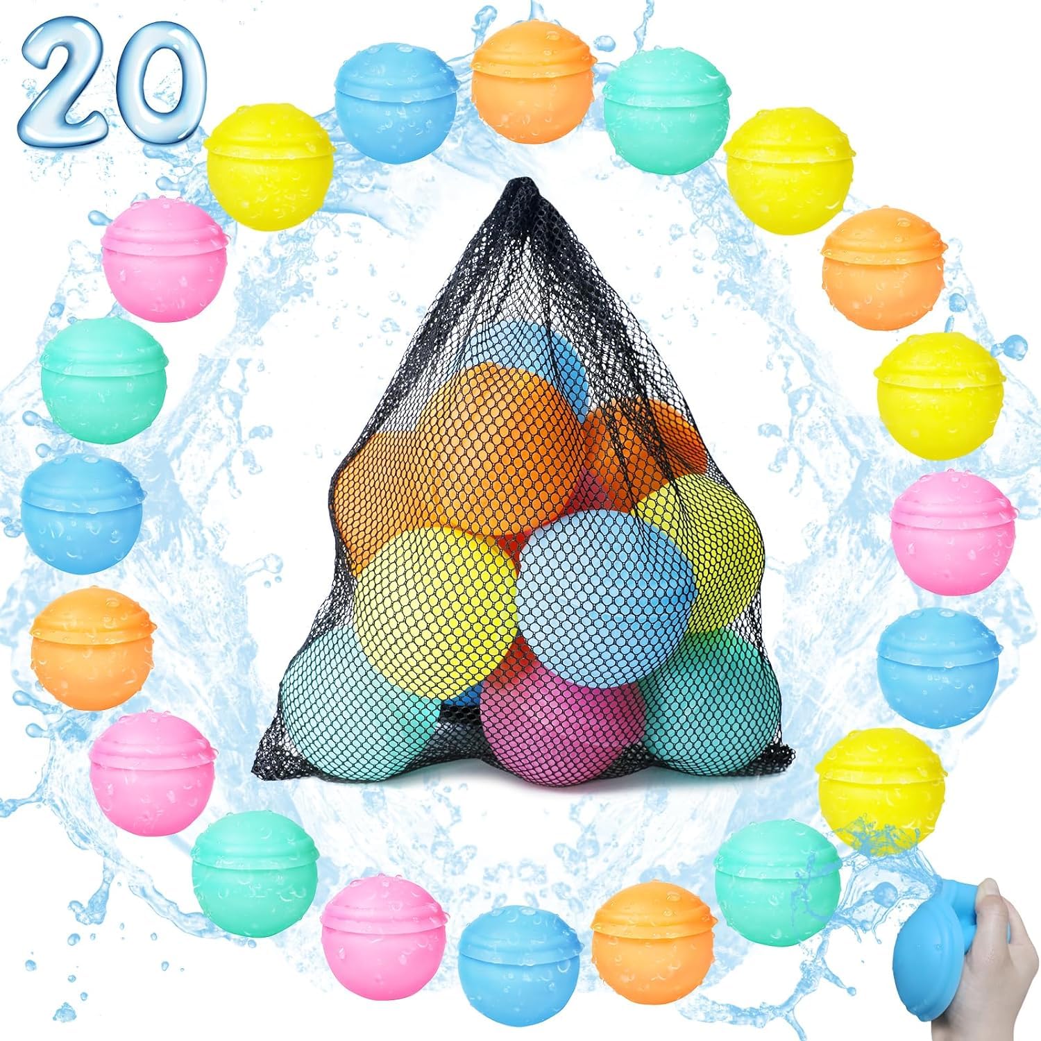 20 Pack Reusable Water Balloons for Kids - Fast Refillable Splash Balls with Mesh Storage Bag | Eco-Friendly Summer Pool & Beach Water Toys | Perfect for Outdoor Water Fights, Birthday Parties & Backyard Games